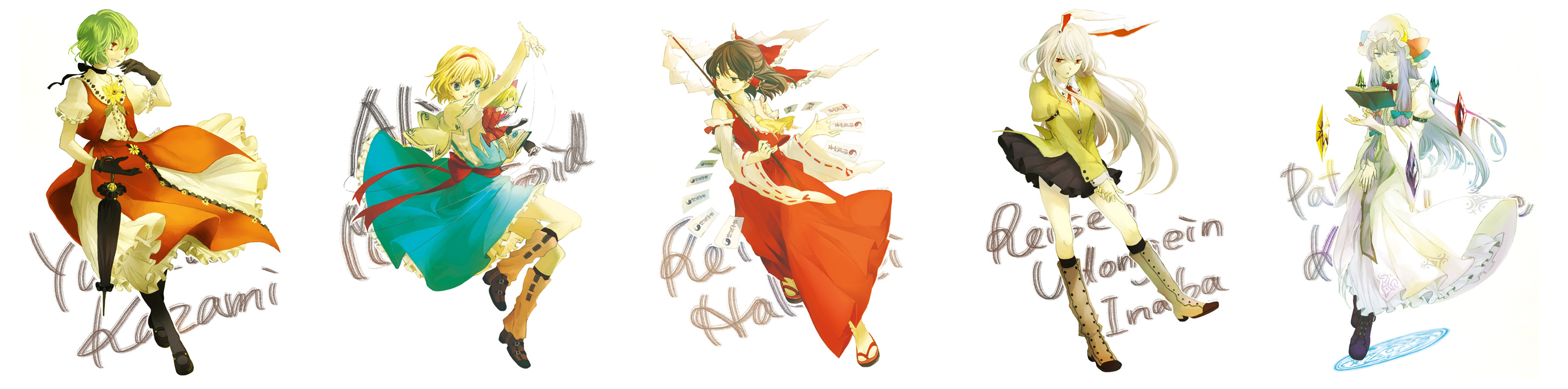 sugi, alice margatroid, hakurei reimu, kazami yuuka, patchouli knowledge, reisen udongein inaba, touhou, bad id, bad pixiv id, highres, long image, wide image, 5girls, adapted costume, alternate costume, boots, character name, choker, closed umbrella, dress, female focus, gohei, leg warmers, magic circle, multiple girls, ofuda, simple background, umbrella, white background