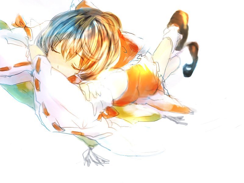 sugi, hakurei reimu, touhou, bad id, bad pixiv id, 1girl, blush, bobby socks, brown hair, closed eyes, detached sleeves, female focus, full body, lying, mary janes, on stomach, ribbon-trimmed sleeves, ribbon trim, shoes, simple background, sleeping, socks, solo, white background
