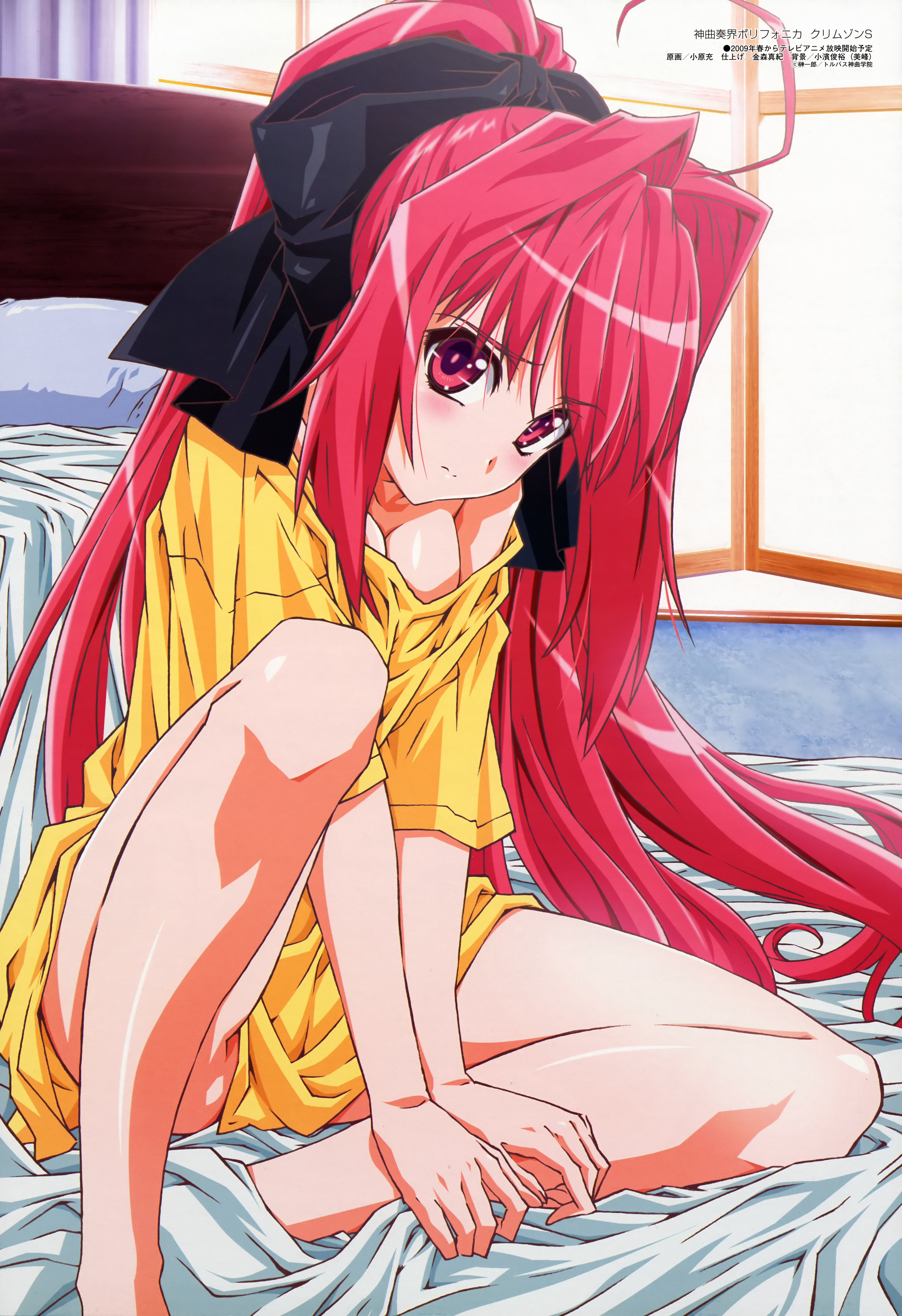 ohara mitsuru, corticarte apa lagranges, megami magazine, shinkyoku soukai polyphonica, shinkyoku soukai polyphonica crimson s, absurdres, highres, non-web source, official art, 00s, 1girl, ahoge, barefoot, bed, bed sheet, blush, bottomless, bow, breasts, cleavage, embarrassed, female focus, hair intakes, hair ribbon, head tilt, legs, long hair, no bra, off shoulder, pajamas, pillow, ponytail, red eyes, red hair, ribbon, sheet grab, shirt, sitting, solo, spread legs, very long hair