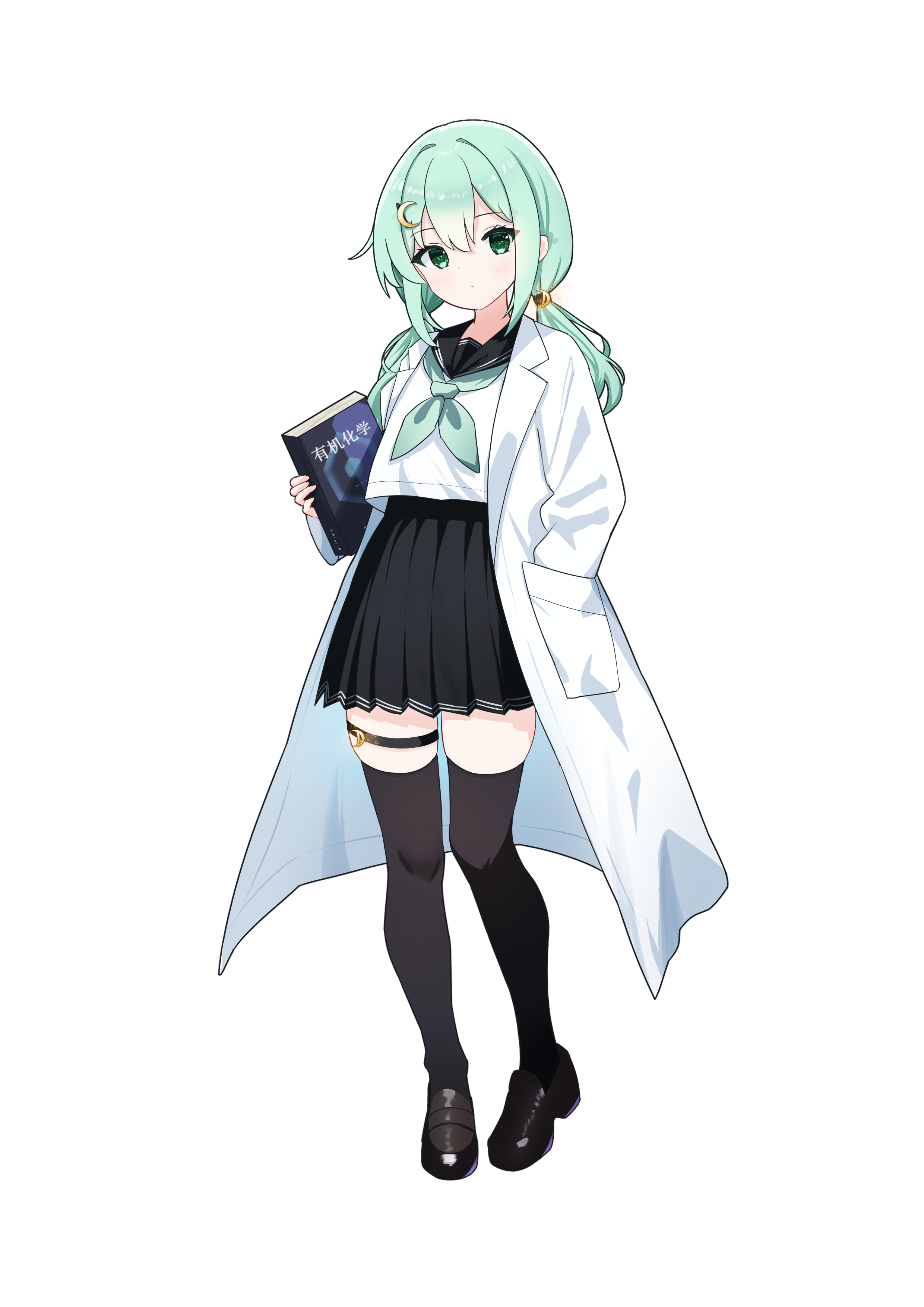 original, absurdres, artist request, commentary request, commission, highres, second-party source, 1girl, black sailor collar, black shoes, black skirt, black thighhighs, book, closed mouth, coat, crescent, crescent hair ornament, double-parted bangs, expressionless, full body, green eyes, green neckerchief, hair ornament, hand in pocket, holding, holding book, lab coat, loafers, long coat, long hair, looking at viewer, low twintails, neckerchief, pleated skirt, sailor collar, school uniform, serafuku, shirt, shoes, simple background, skirt, solo, standing, thigh strap, thighhighs, transparent background, twintails, white coat, white shirt, zettai ryouiki