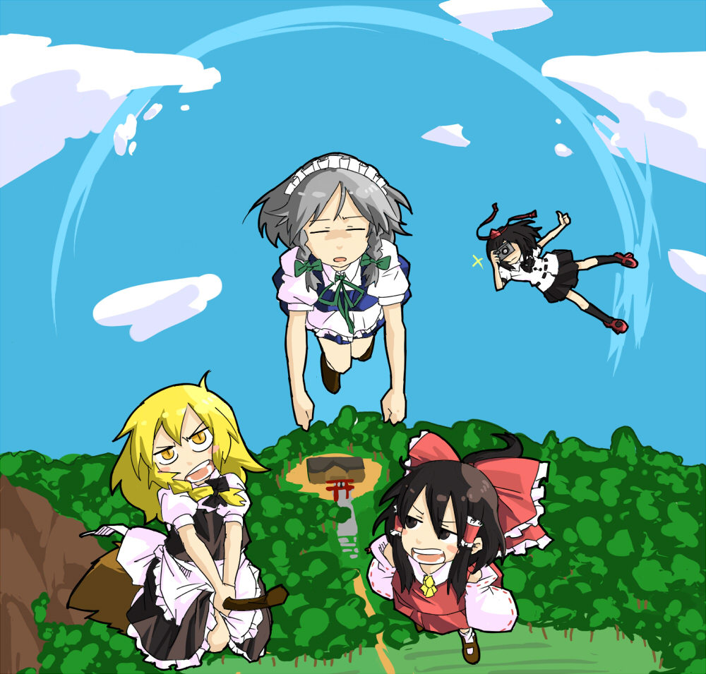 snsk, hakurei reimu, izayoi sakuya, kirisame marisa, shameimaru aya, touhou, silver hair, bad id, bad pixiv id, 4girls, angry, black hair, blonde hair, broom, brown eyes, brown hair, camera, closed eyes, day, female focus, flying, geta, hairband, hat, long hair, maid, multiple girls, ribbon, short hair, sky, tengu-geta, yellow eyes