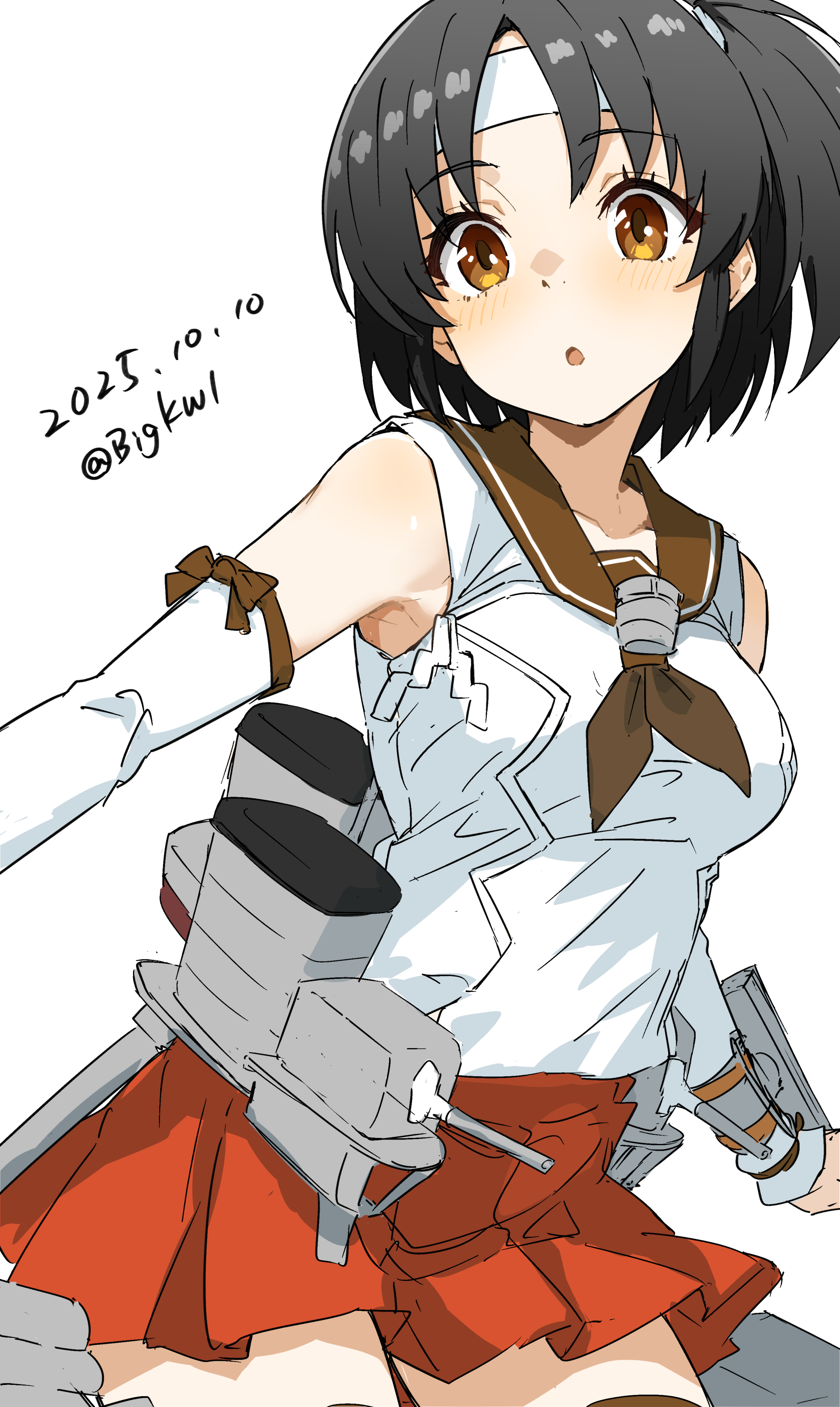 bigkwl, nagara (kancolle), kantai collection, absurdres, highres, 1girl, adapted turret, black hair, blush, breasts, brown eyes, brown neckerchief, cowboy shot, dated, elbow gloves, gloves, headband, looking at viewer, medium breasts, neckerchief, one-hour drawing challenge, one side up, open mouth, rigging, shirt, short hair, simple background, sleeveless, sleeveless shirt, smokestack, solo, twitter username, white background, white gloves, white headband, white shirt