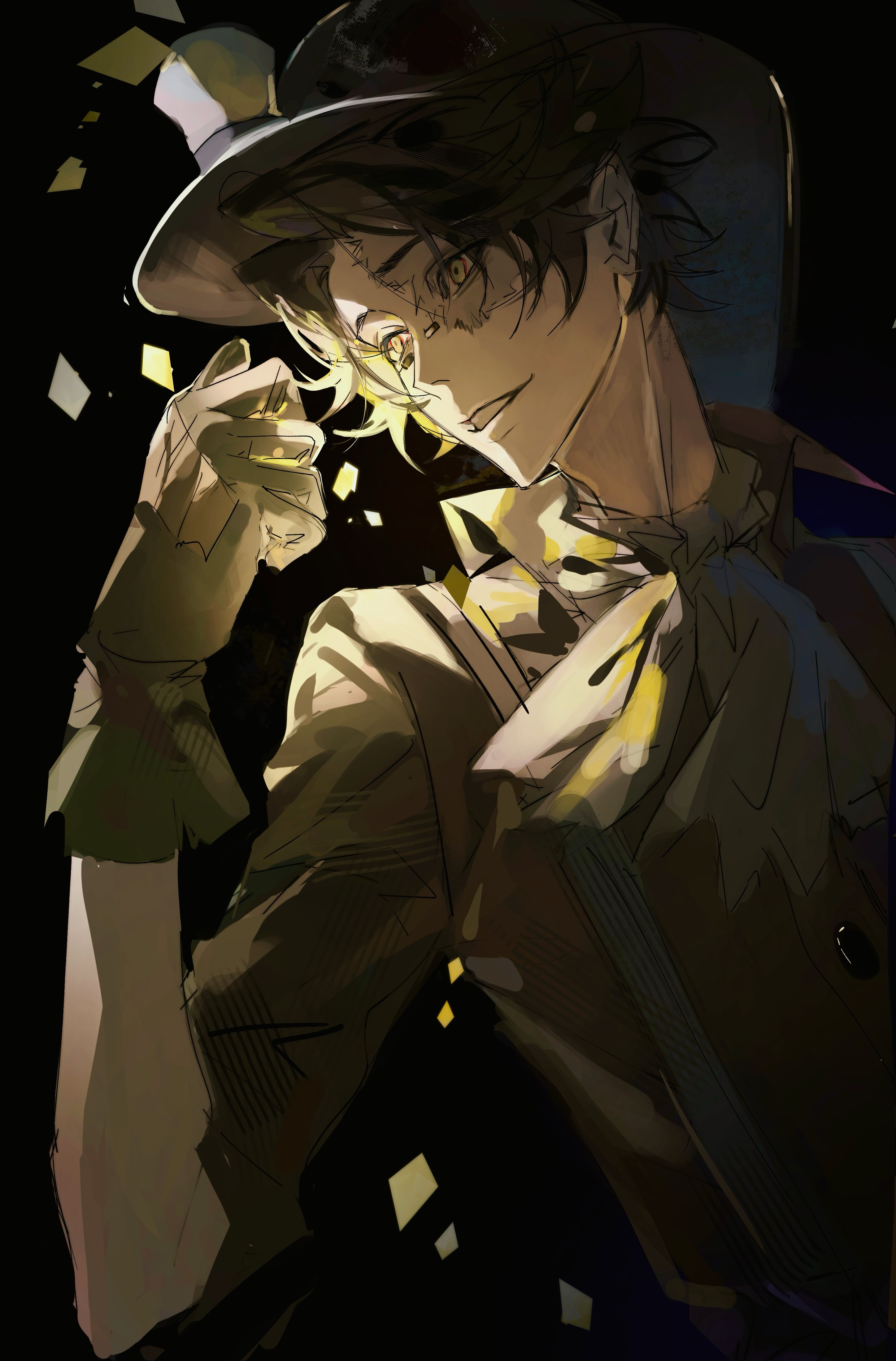 norton campbell, identity v, absurdres, chinese commentary, commentary request, highres, 1boy, ascot, black background, black hair, bridge piercing, brown shirt, face piercing, gloves, green ascot, green gloves, looking ahead, looking to the side, male focus, piercing, popped collar, scar, scar across eye, scar on face, shirt, suspenders, xinjinjumin675358701172, yellow eyes