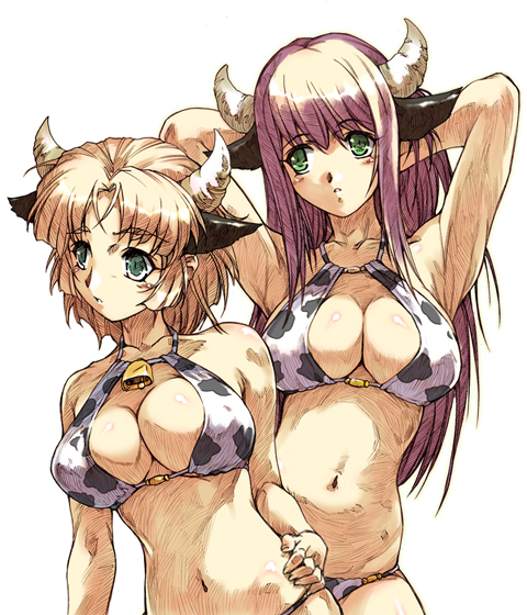 hisahiko, kusuha mizuha, setsuko ohara, super robot wars, 2girls, alternate color, animal ears, animal print, armpits, arms up, bell, blonde hair, breasts, cleavage, collar, cow ears, cow girl, cow print, cowbell, green eyes, horns, large breasts, long hair, multiple girls, neck bell, short hair