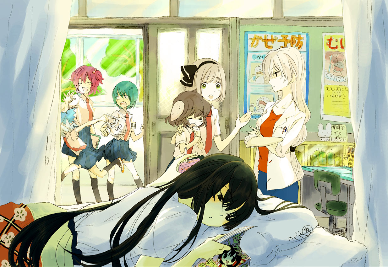 sugi, cirno, hakurei reimu, houraisan kaguya, inaba tewi, konpaku youmu, onozuka komachi, shiki eiki, yagokoro eirin, touhou, silver hair, bad id, bad pixiv id, translated, 6+girls, ^ ^, alternate costume, animal ears, black eyes, black hair, blue hair, closed eyes, contemporary, crossed arms, female focus, green eyes, green hair, high five, infirmary, long hair, lying, multiple girls, necktie, nurse, rabbit ears, reading, red hair, ribbon, running, school, school nurse, school uniform, short hair, sleeves pushed up, teacher, teacher and student