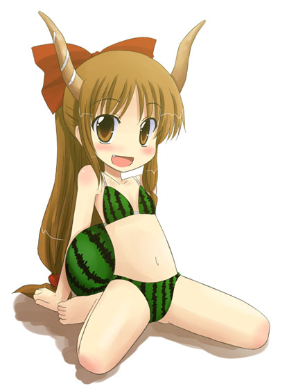 kazami ruku, ibuki suika, touhou, 1girl, :d, arm support, barefoot, bikini, bikini top only, blush, brown eyes, brown hair, fang, female focus, flat chest, food, food-themed clothes, food print, fruit, fruit print, green bikini, holding, holding food, holding fruit, holding watermelon, horns, leaning back, long hair, looking at viewer, low-tied long hair, name connection, no nose, object namesake, oni, open mouth, pun, ribbon, sitting, smile, solo, swimsuit, very long hair, wariza, watermelon, watermelon print