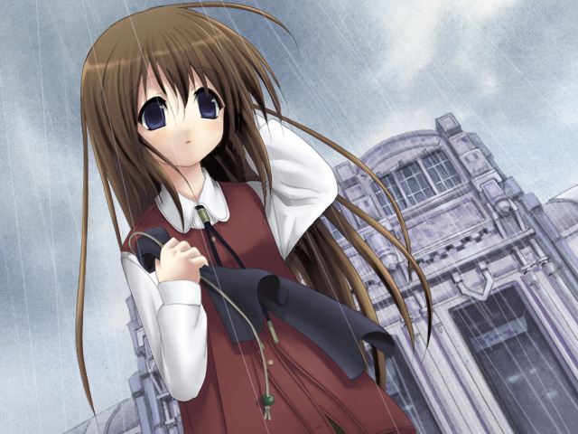 kogado, shiro (octet), arietta fine, tortinita fine, symphonic rain, 1girl, blue eyes, blush, brown hair, cloud, female focus, long hair, rain, ribbon, sky, solo