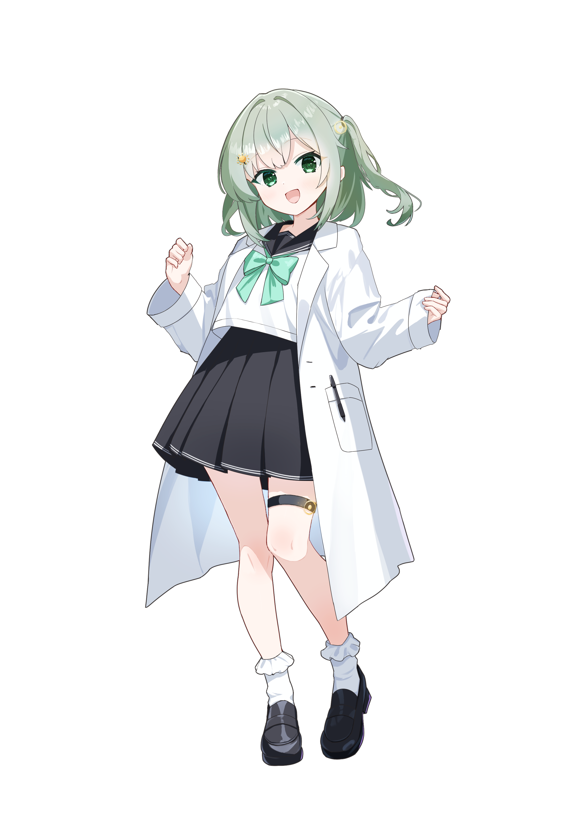 original, absurdres, artist request, commentary request, commission, highres, second-party source, 1girl, black sailor collar, black shoes, black skirt, bow, bowtie, coat, full body, green bow, green bowtie, green hair, hands up, happy, lab coat, loafers, long coat, long sleeves, medium hair, one side up, open clothes, open coat, open mouth, pleated skirt, sailor collar, school uniform, serafuku, shirt, shoes, simple background, skirt, sleeves past wrists, smile, socks, solo, sun hair ornament, thigh strap, transparent background, white coat, white shirt, white socks
