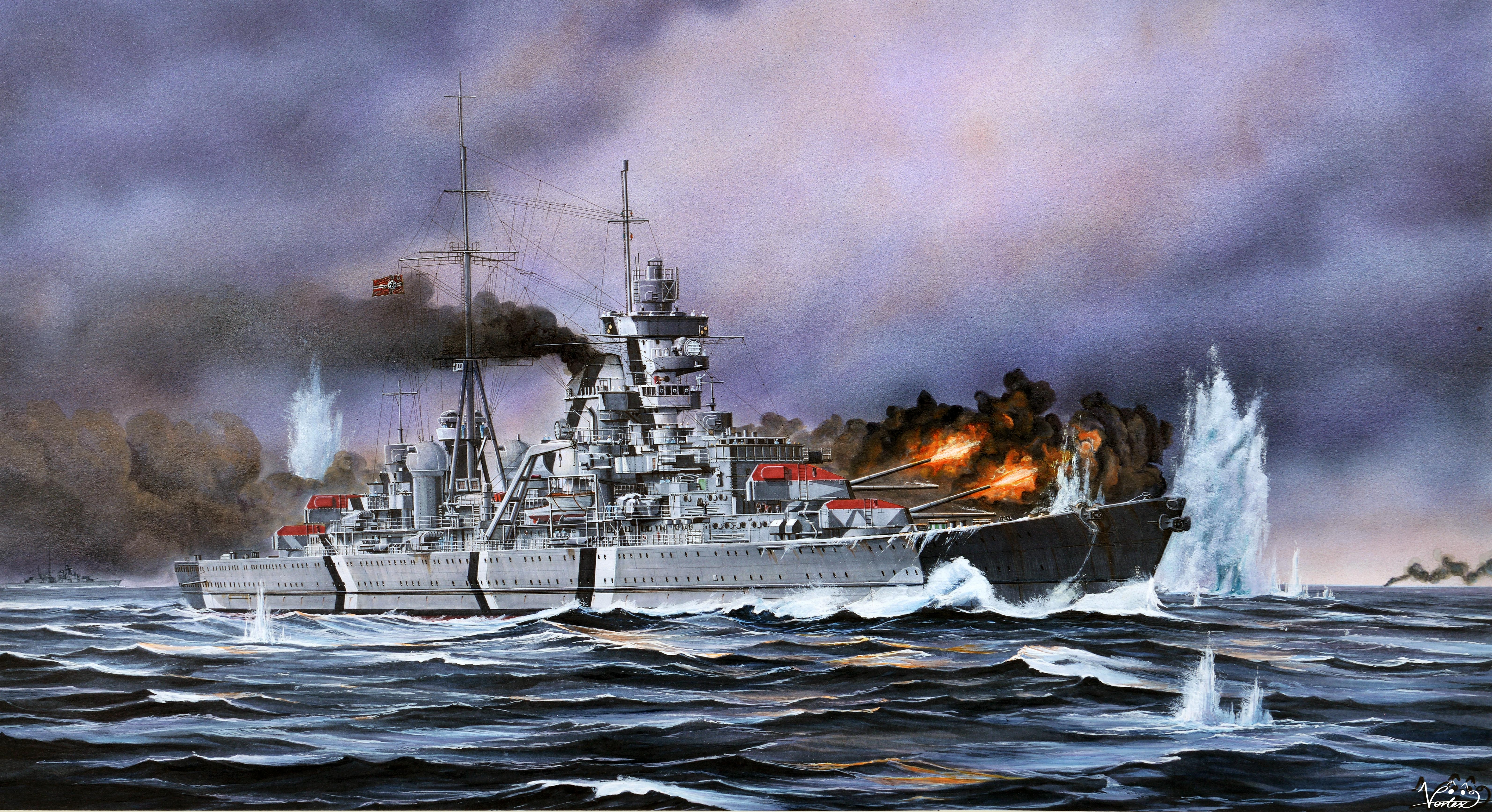 vortex (xu xuanwo), original, absurdres, highres, 6+boys, anti-aircraft, anti-aircraft gun, battle, battleship, bismarck (battleship), cruiser, firing, flag, heavy cruiser, kriegsmarine, mast, military uniform, military vehicle, multiple boys, naval battle, naval uniform, naval working uniform, nazi war ensign, ocean, prinz eugen (cruiser), ship, signature, smoke, smokestack, under fire, vehicle focus, warship, watercraft, waves, world war ii