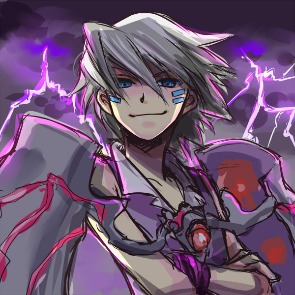 gig, gig (soul cradle), nippon ichi, soul cradle, 1boy, blue eyes, bracelet, cloud, crossed arms, facial tattoo, floating, floating object, grey hair, hair between eyes, jewelry, lightning, looking at viewer, male focus, shaded face, short hair, sketch, sleeveless, smile, smug, solo, tattoo, wings