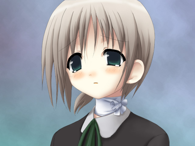 shiro (octet), liselsia cesarini, symphonic rain, silver hair, 1girl, blush, female focus, green eyes, ribbon, short hair, solo, tears, tearsrnshiro (octet)