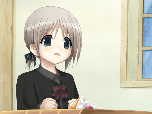 shiro (octet), liselsia cesarini, symphonic rain, silver hair, 1girl, blush, cake, female focus, food, fruit, green eyes, pastry, ribbon, sad, short hair, solo, strawberry, tears, window