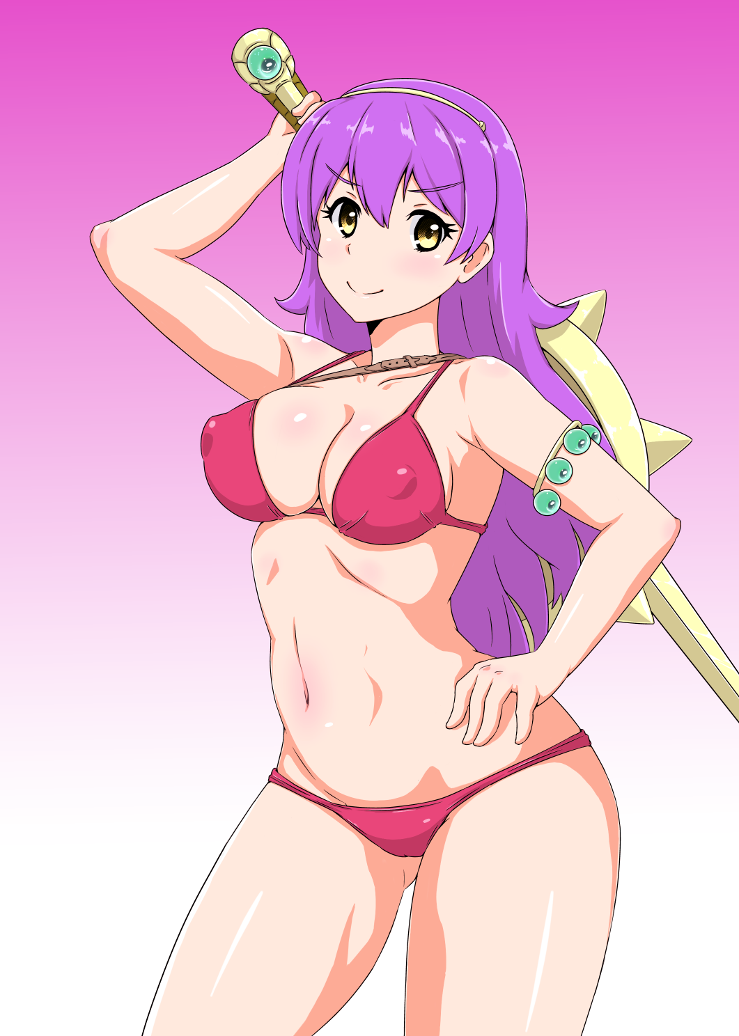 princess athena, athena (series), snk, highres, 1girl, arm behind head, bikini, breasts, cleavage, covered erect nipples, hand on own hip, large breasts, legs, long hair, looking at viewer, model pose, navel, red bikini, shield, smile, solo, swimsuit, sword, thighs, weapon, yellow eyes