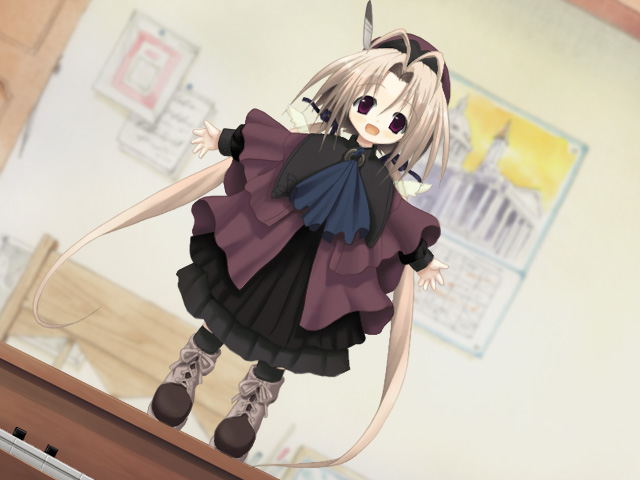 shiro (octet), phorni, phorni (symphonic rain), symphonic rain, silver hair, 1girl, antenna hair, blonde hair, dress, feathers, female focus, hat, long hair, mini person, minigirl, ribbon, solo, wings