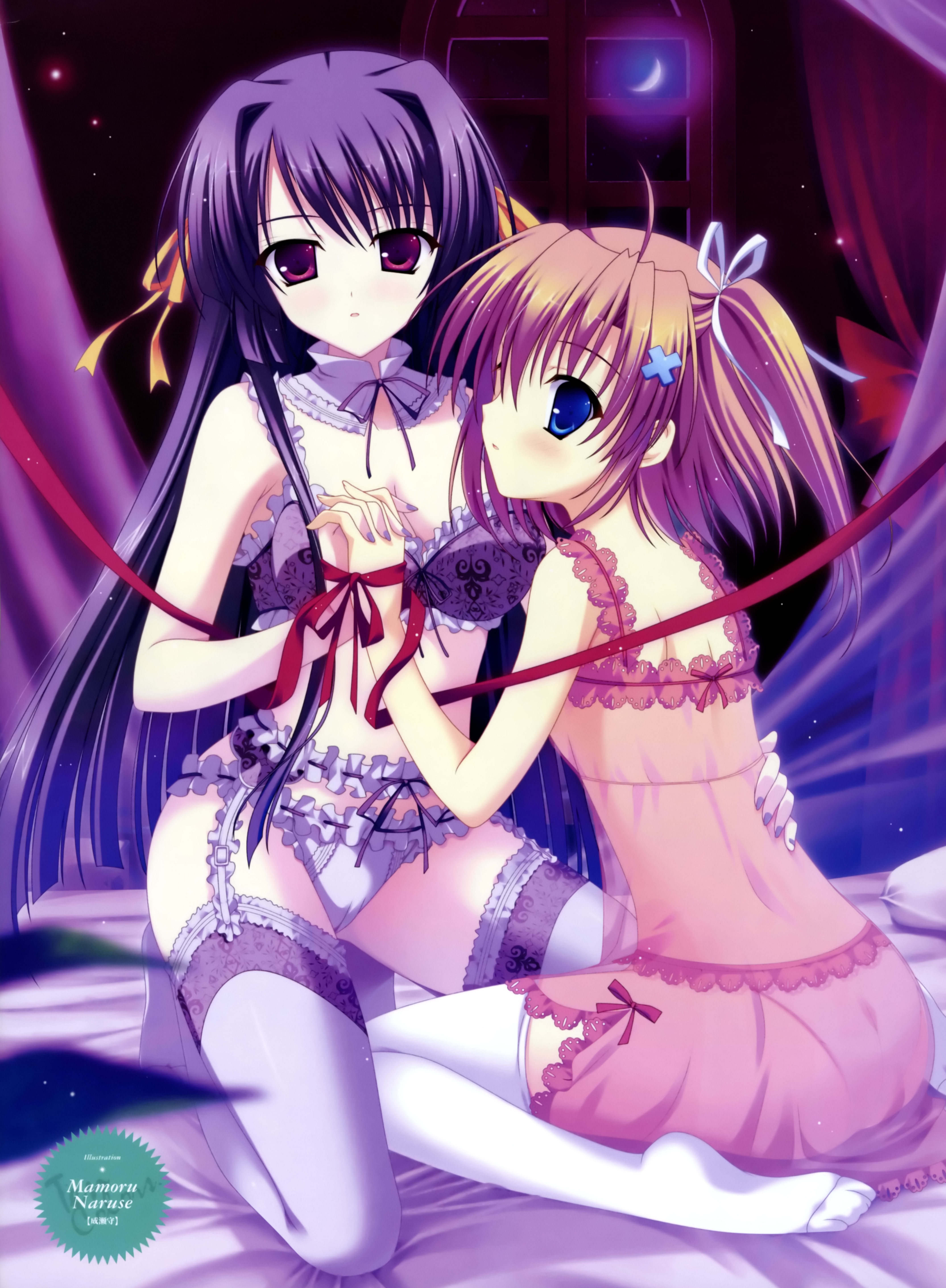 naruse mamoru, absurdres, character request, highres, source request, 2girls, blue eyes, bra, garter belt, hair ribbon, holding hands, lingerie, multiple girls, nightgown, panties, pink eyes, pink hair, purple hair, ribbon, thighhighs, underwear, underwear only