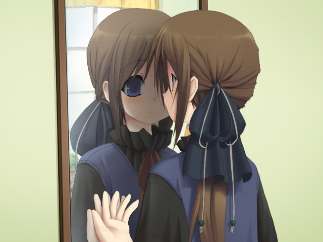 shiro (octet), tortinita fine, symphonic rain, 1girl, blue eyes, brown hair, female focus, mirror, ponytail, ribbon, solo