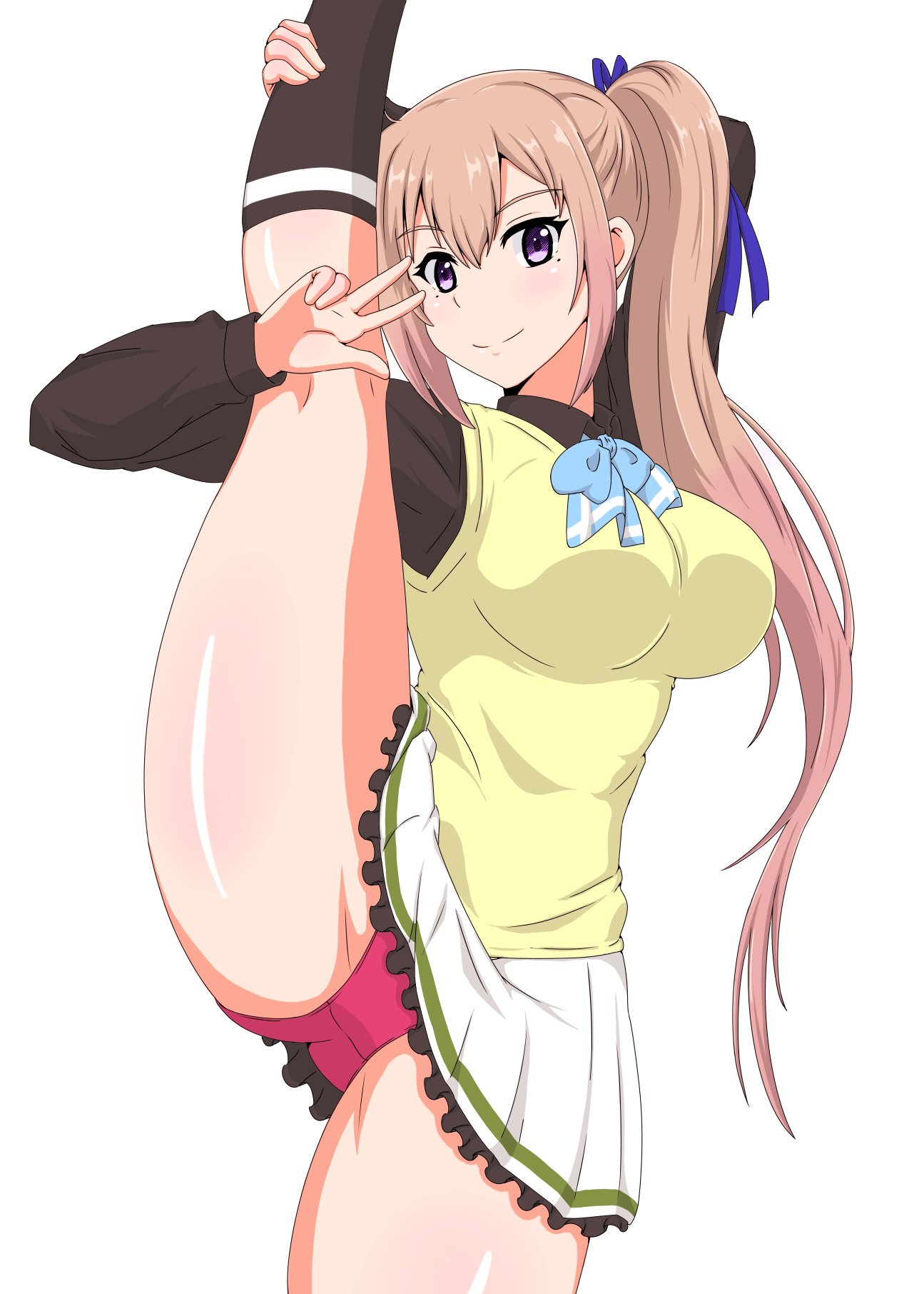 copyrobot, kawakami mai, musaigen no phantom world, highres, 1girl, arm behind head, blonde hair, breasts, flexible, large breasts, leg grab, leg lift, leg up, long hair, looking at viewer, panties, pantyshot, purple eyes, school uniform, side ponytail, skirt, solo, sweater, underwear, v