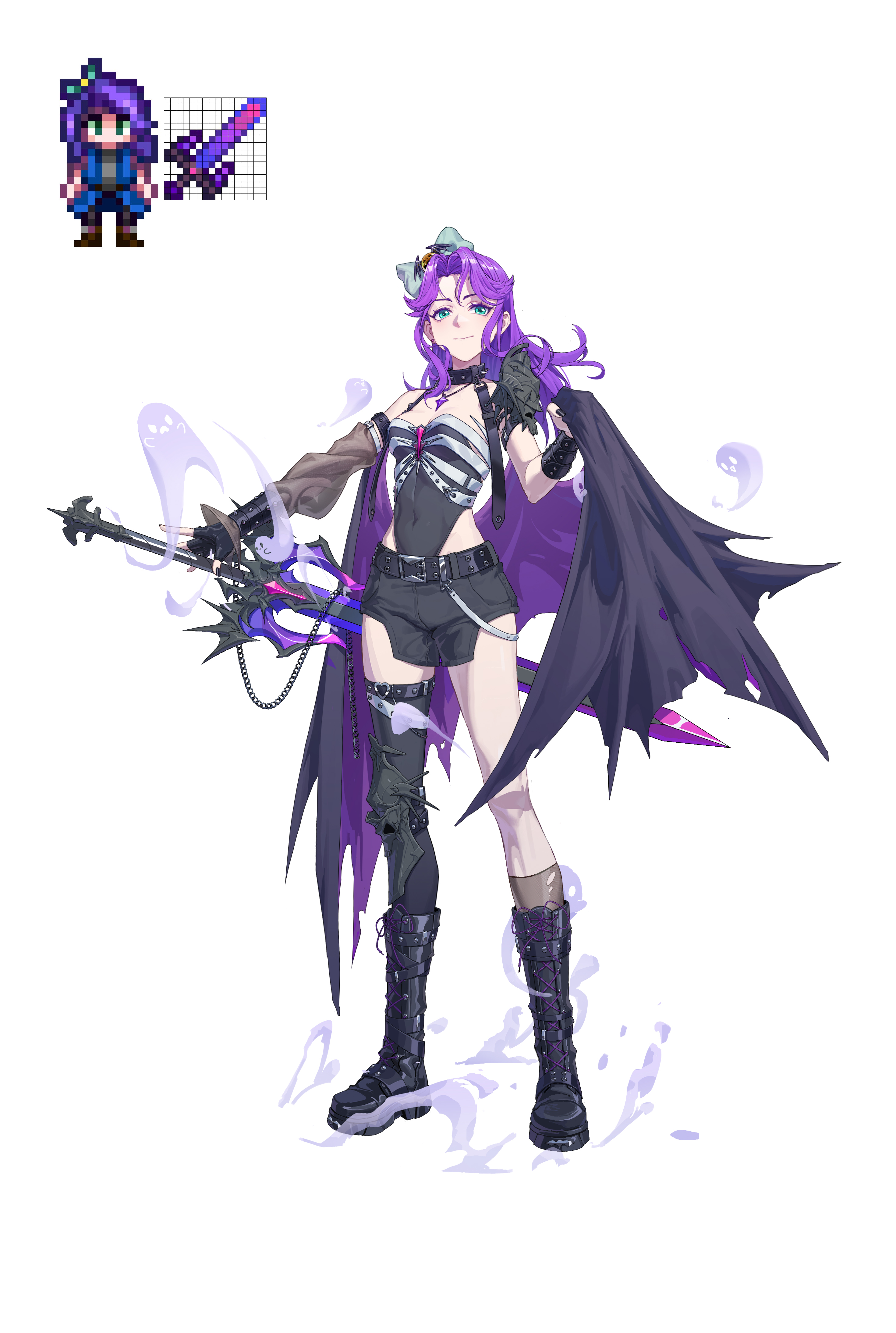 lnk17, abigail (stardew valley), stardew valley, absurdres, commentary request, highres, 1girl, alternate costume, aqua bow, black boots, black cape, black gloves, black nails, black shorts, black thighhighs, boots, bow, breasts, cape, closed mouth, covered navel, fingerless gloves, fingernails, floating hair, ghost, gloves, green eyes, hair bow, long hair, looking at viewer, pixel art inset, purple hair, short shorts, shorts, simple background, single thighhigh, small breasts, sword, thighhighs, torn cape, torn clothes, weapon, white background