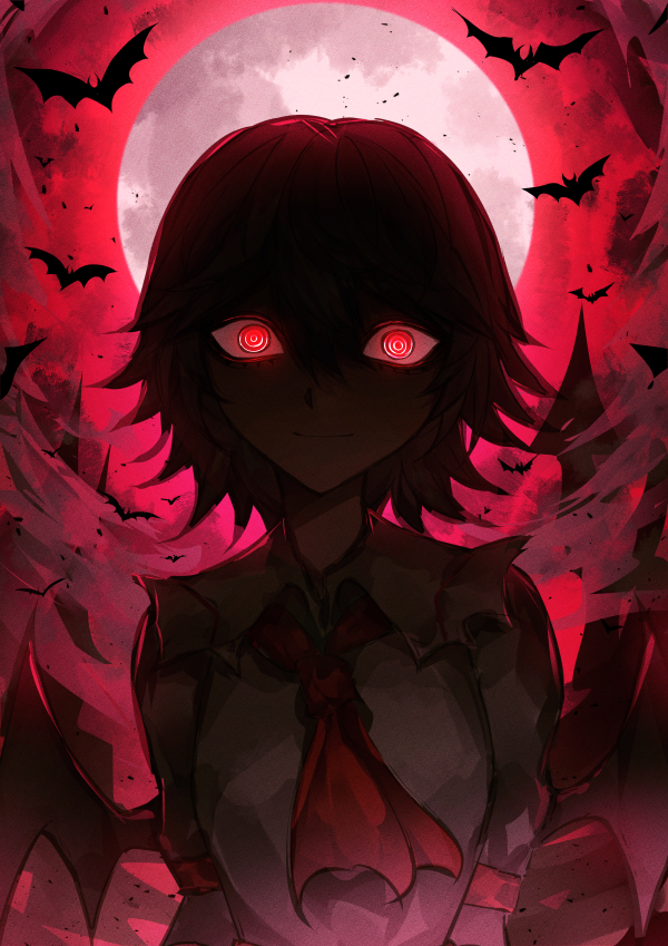 33 gaff, remilia scarlet, touhou, 1girl, ascot, bat (animal), bat wings, closed mouth, collared shirt, full moon, looking at viewer, moon, pink shirt, red ascot, red eyes, red moon, shaded face, shirt, short hair, short sleeves, smile, solo, wings