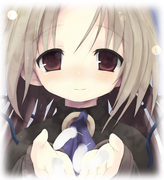phorni, phorni (symphonic rain), symphonic rain, silver hair, 1girl, blush, feathers, female focus, long hair, red eyes, ribbon, smile, solo