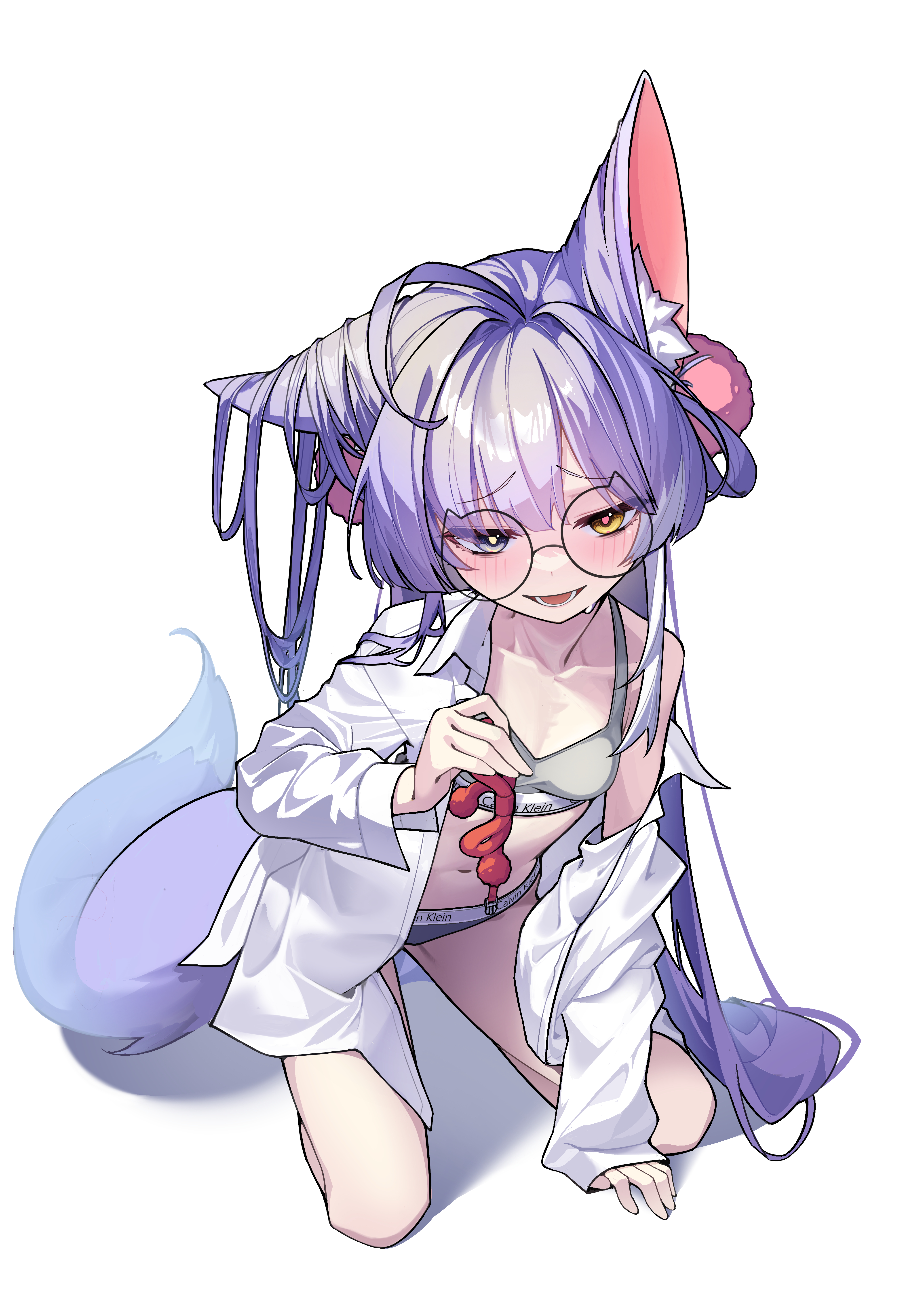 m cream01, tenko shibuki, calvin klein, stellive, absurdres, commentary request, highres, korean commentary, 1girl, ahoge, animal ear fluff, animal ears, black-framed eyewear, blue eyes, blush, bow, collarbone, grey panties, grey sports bra, heterochromia, holding, holding unworn clothes, kneeling, long hair, long sleeves, navel, no pants, off shoulder, open clothes, open mouth, open shirt, panties, purple hair, purple tail, raised inner eyebrows, red bow, round eyewear, shirt, simple background, single bare shoulder, smile, solo, sports bra, sports panties, stomach, tail, underwear, very long hair, virtual youtuber, white background, white shirt, yellow eyes