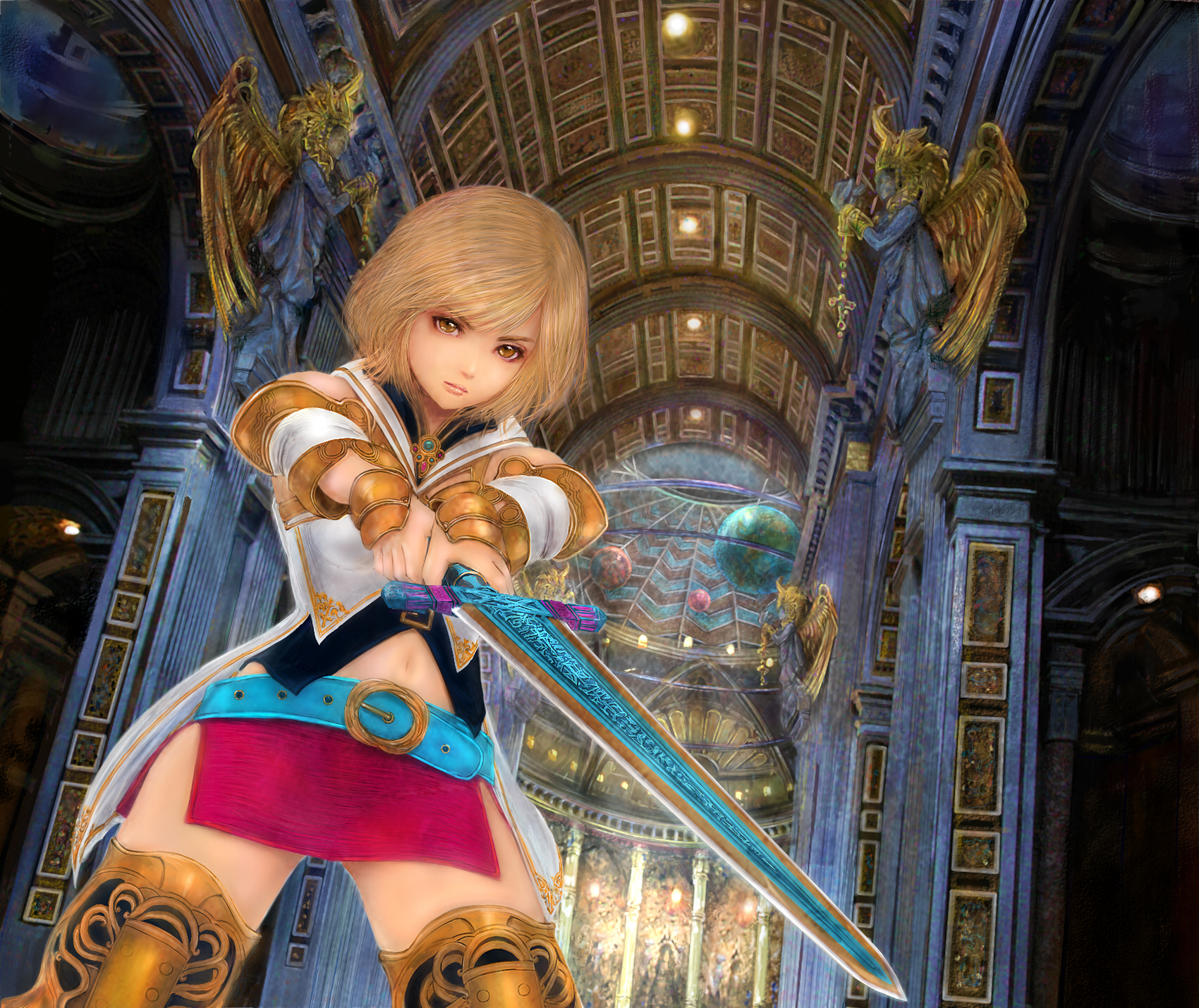 mamoru, mamoru (mamoru jinja), ashelia b'nargin dalmasca, final fantasy, final fantasy xii, highres, 00s, 1girl, armor, belt, blonde hair, brown eyes, female focus, midriff, miniskirt, short hair, skirt, solo, sword, thighhighs, weapon, zettai ryouiki