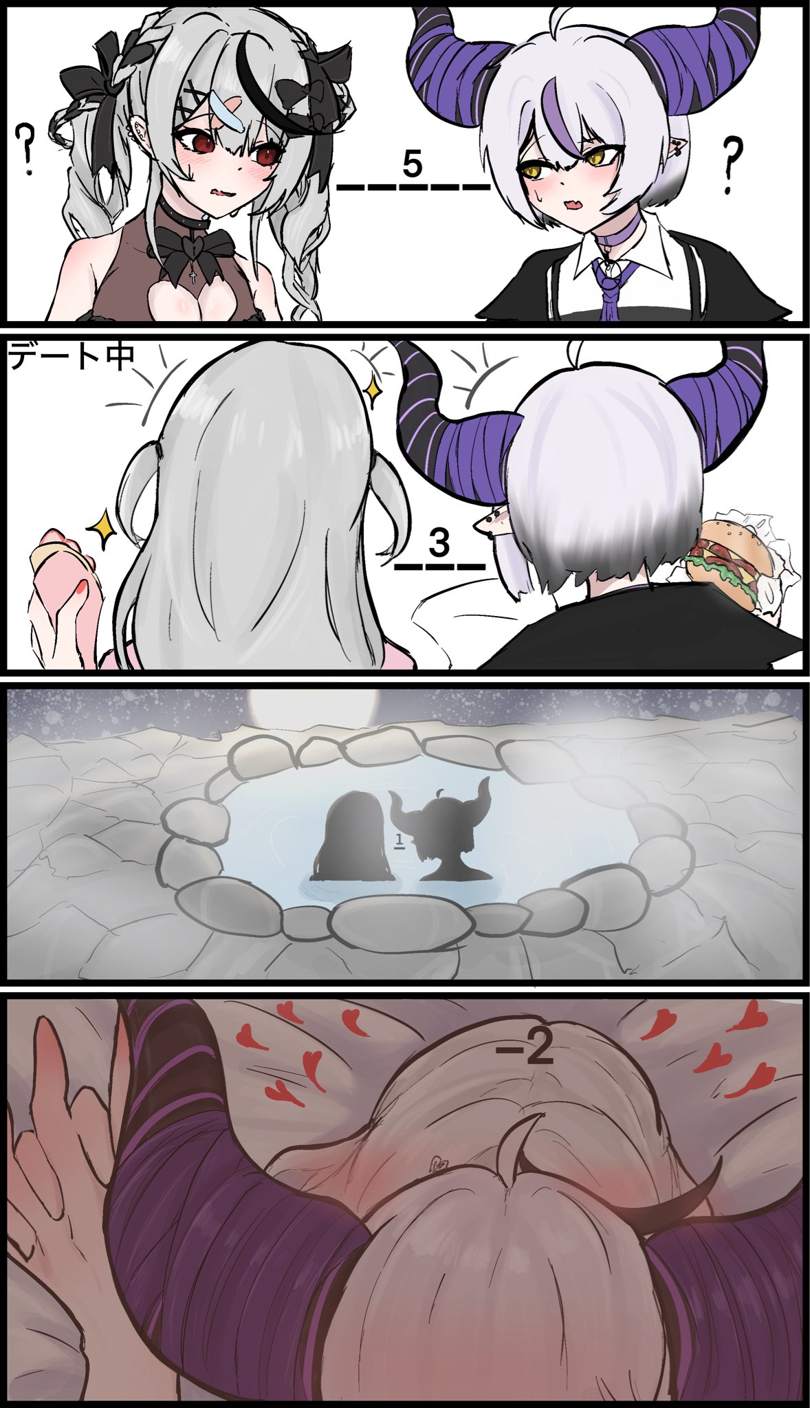 la+ darknesss, sakamata chloe, hololive, highres, alternate hairstyle, breasts, burger, cleavage, food, grey hair, gurimu1696, hair ornament, heart, horns, interlocked fingers, multicolored hair, multiple girls, onsen, pointy ears, purple hair, red eyes, steam, streaked hair, virtual youtuber, x hair ornament, yellow eyes, yuri