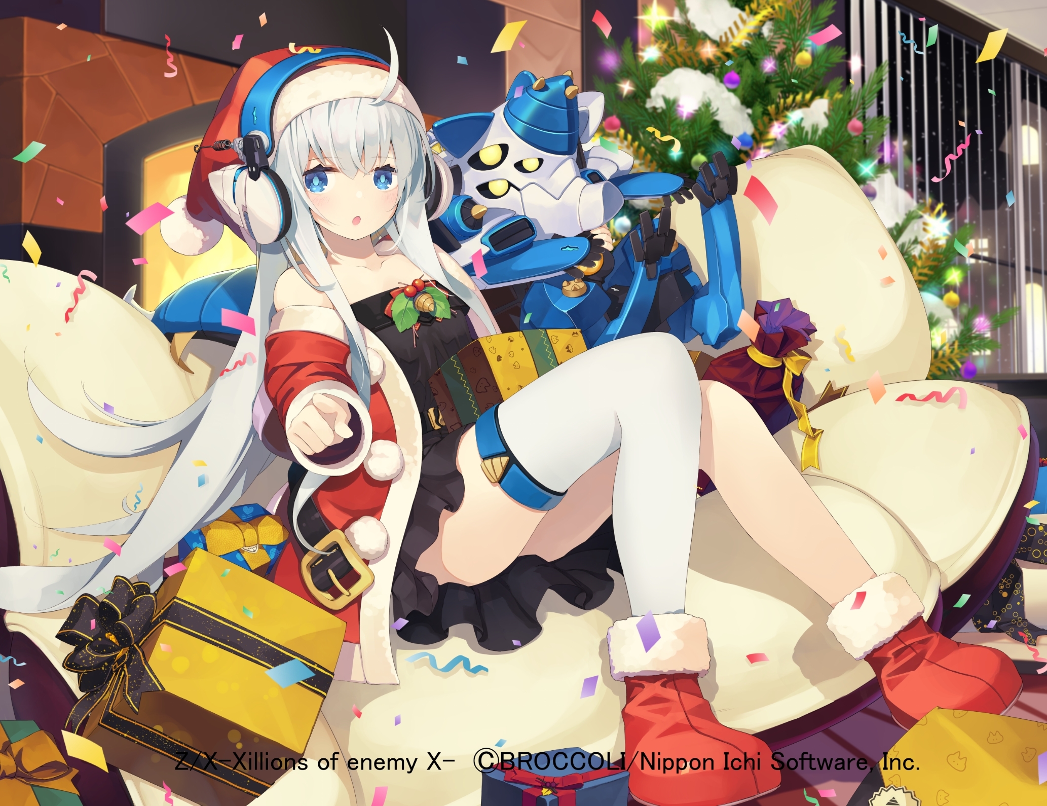 nanaroku (fortress76), z/x, highres, official art, 1girl, :o, ahoge, bare shoulders, black dress, blue eyes, boots, box, christmas tree, confetti, copyright notice, couch, dress, fur-trimmed boots, fur trim, gift, gift box, grey hair, hat, headphones, indoors, long hair, mecha, on couch, robot, santa costume, santa hat, single thighhigh, sitting, thighhighs, white thighhighs, yui (z/x)