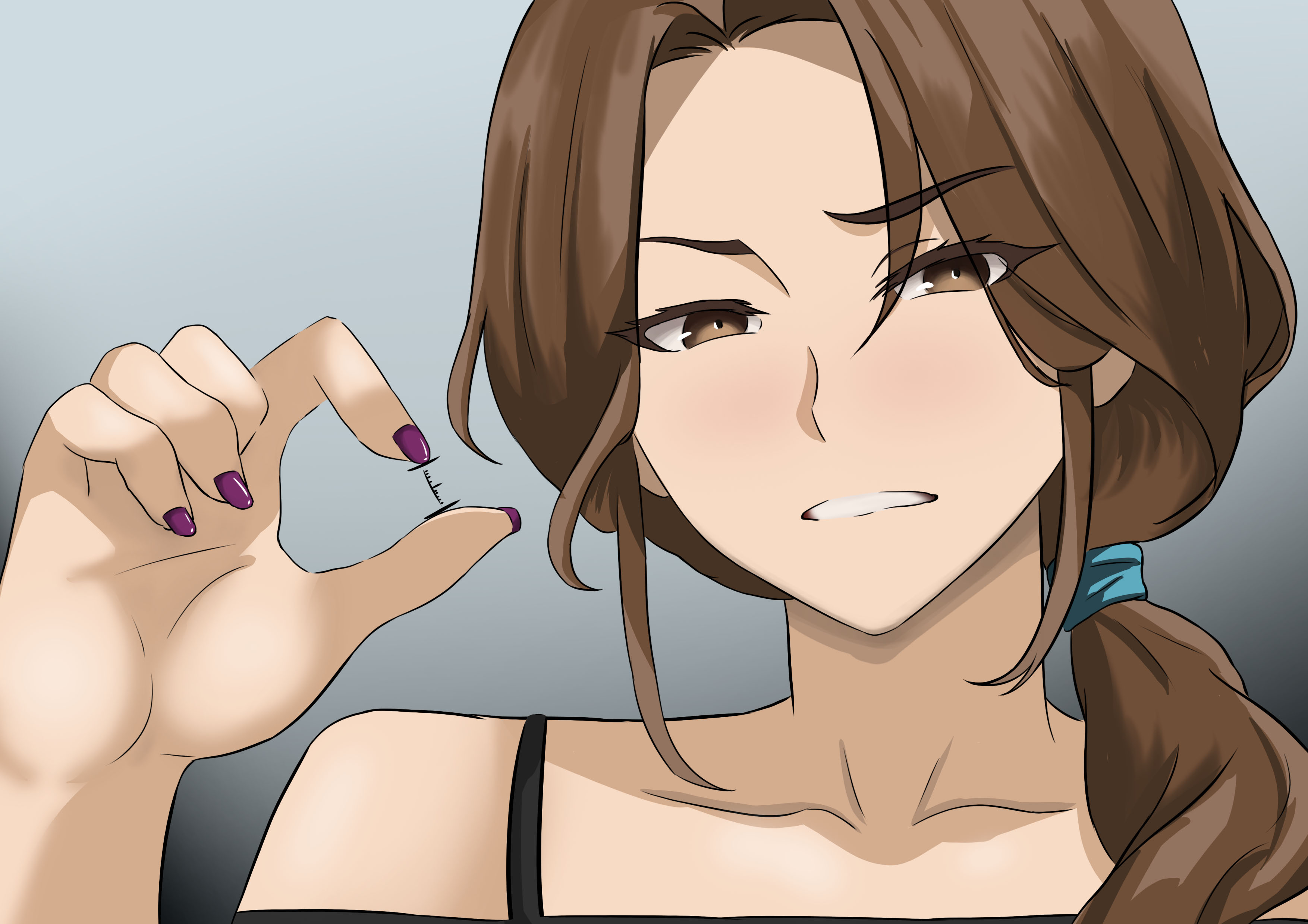 wryyyyy (pixiv 88189348), original, absurdres, chinese commentary, commentary, highres, 1girl, bare shoulders, black dress, blue background, brown eyes, brown hair, collarbone, disgust, dress, hair ornament, hairclip, humiliation, light blush, long hair, looking at viewer, mature female, nail polish, open mouth, purple nails, simple background, small penis humiliation, solo, upper body