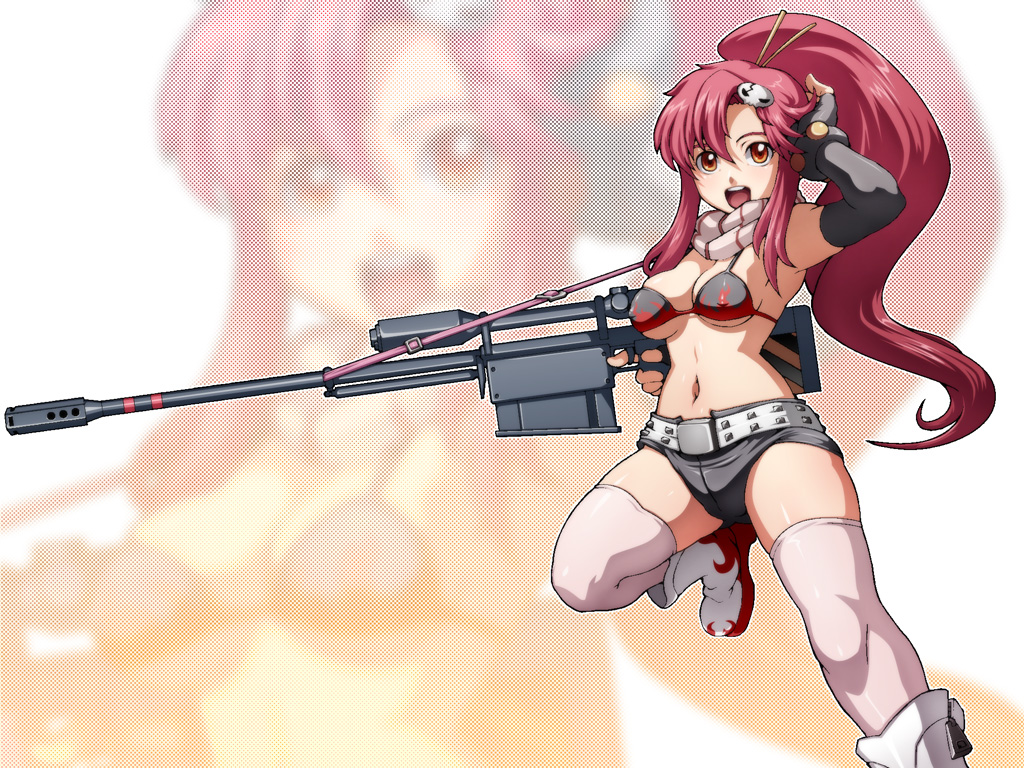 caryo, tabigarasu, yoko littner, tengen toppa gurren lagann, bad id, bad pixiv id, 00s, 1girl, adjusting hair, anti-materiel rifle, armpits, belt, bikini, bikini top only, boots, breasts, female focus, fingerless gloves, gloves, gun, hair ornament, long hair, midriff, navel, pink thighhighs, ponytail, red hair, rifle, scarf, shorts, sniper rifle, solo, swimsuit, thighhighs, weapon, yellow eyes, zoom layer