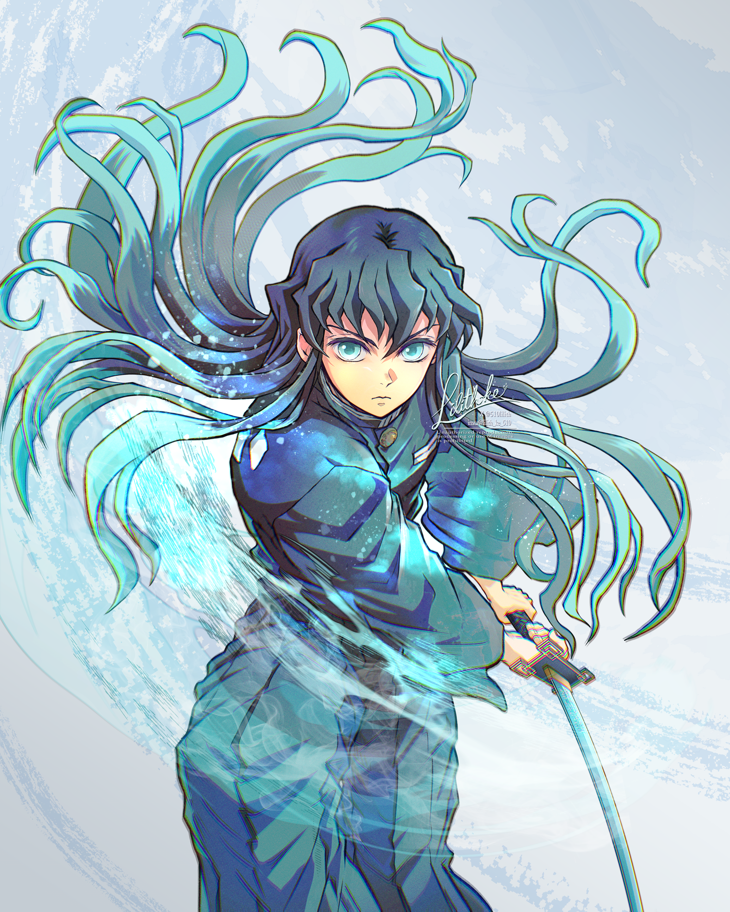 510lilith, tokitou muichirou, kimetsu no yaiba, absurdres, highres, 1boy, aqua eyes, blue hair, blue jacket, blue pants, closed mouth, demon slayer uniform, floating hair, frown, hair between eyes, holding, holding sword, holding weapon, jacket, katana, long hair, long sleeves, looking at viewer, male focus, multicolored hair, pants, solo, sword, two-tone hair, very long hair, weapon