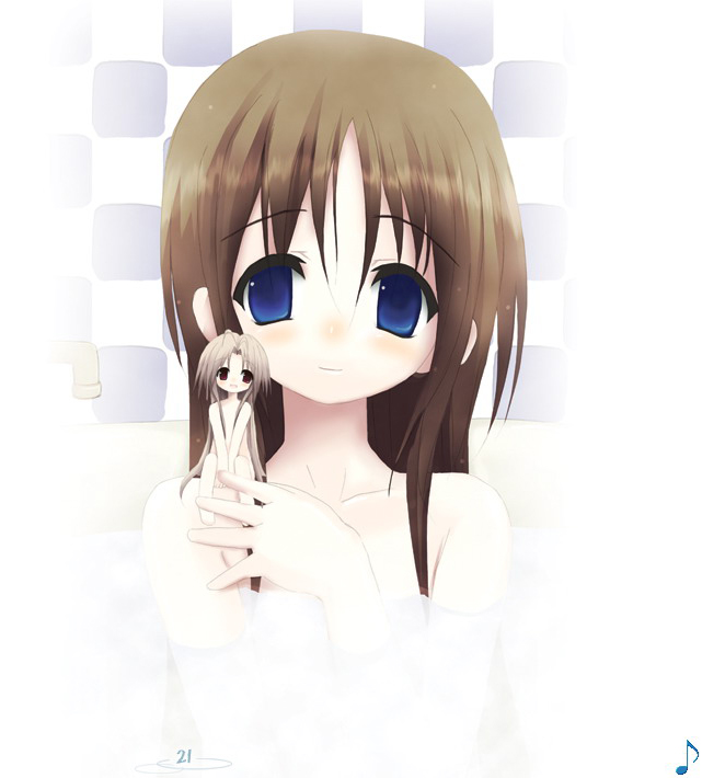 shiro (octet), phorni, phorni (symphonic rain), tortinita fine, symphonic rain, silver hair, 2girls, bathroom, brown hair, long hair, mini person, minigirl, multiple girls, red eyes, water