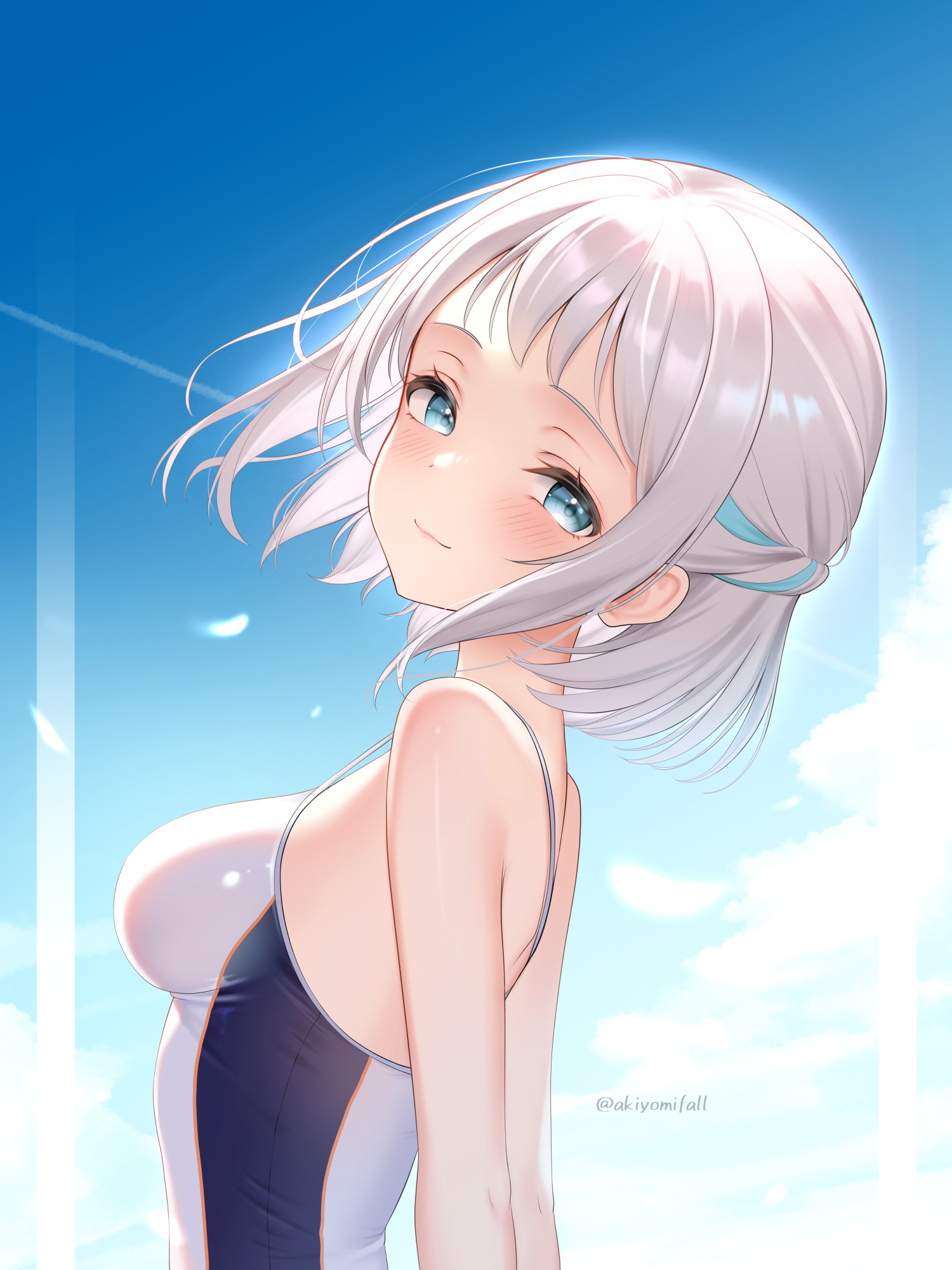 akiyomi, katsuragi lilja, gakuen idolmaster, idolmaster, commentary request, highres, partial commentary, 1girl, bare arms, blue eyes, blush, braid, breasts, closed mouth, competition swimsuit, from side, head tilt, looking at viewer, medium breasts, one-piece swimsuit, short hair, smile, solo, swimsuit, twitter username, upper body, white hair