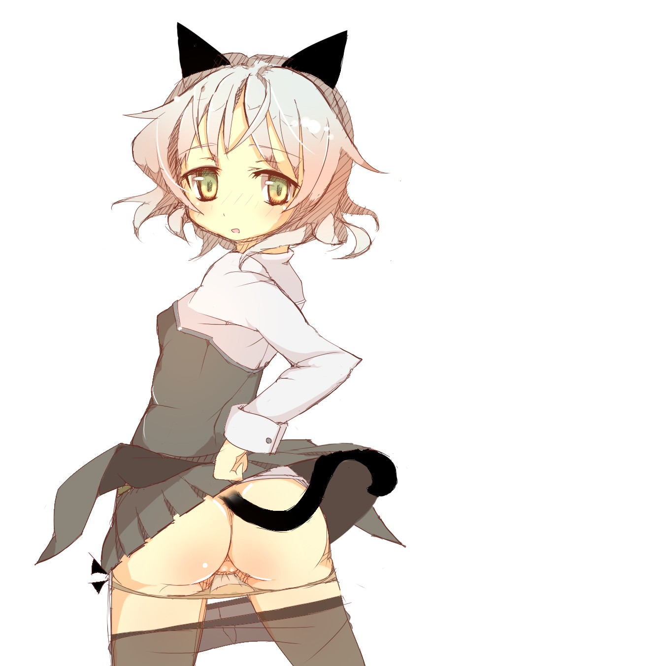 prnt, sanya v. litvyak, strike witches, world witches series, highres, 00s, 1girl, animal ears, ass, black pantyhose, clothes pull, female focus, looking back, panties, panty pull, pantyhose, pantyhose pull, short hair, skirt, solo, tail, uncensored, underwear