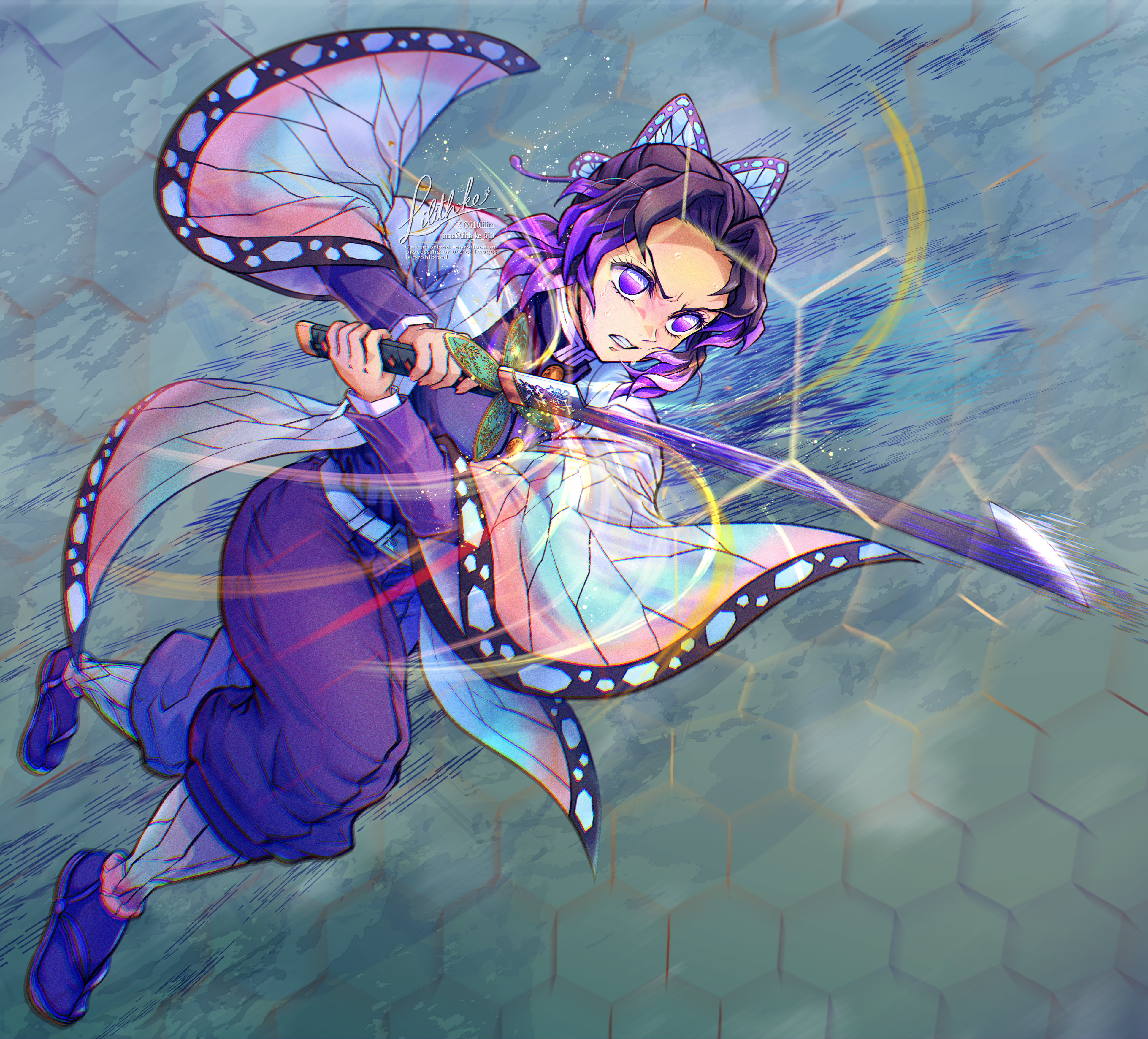 510lilith, kochou shinobu, kimetsu no yaiba, absurdres, highres, 1girl, belt, belt buckle, black hair, buckle, butterfly hair ornament, clenched teeth, demon slayer uniform, feet out of frame, hair intakes, hair ornament, haori, holding, holding sword, holding weapon, jacket, japanese clothes, katana, long sleeves, multicolored hair, no pupils, pants, purple eyes, purple hair, purple jacket, purple pants, purple socks, short hair, socks, solo, sword, tabi, teeth, two-tone hair, weapon, white belt