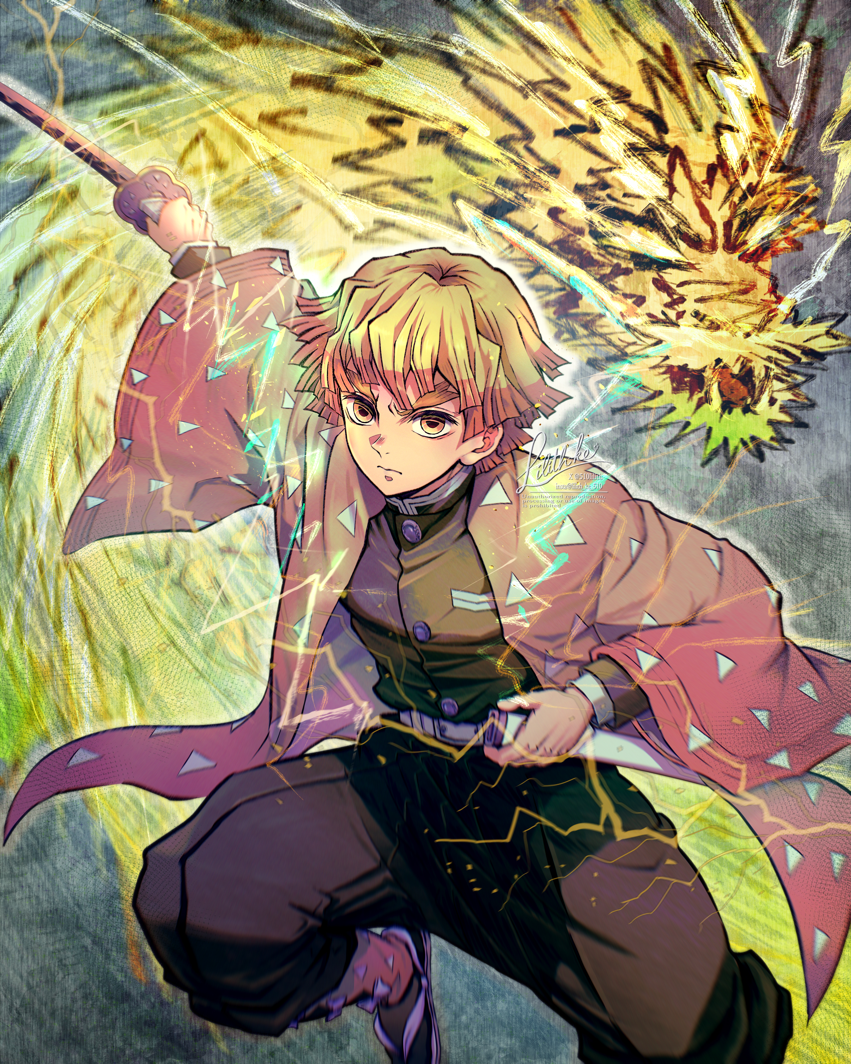 510lilith, agatsuma zenitsu, kimetsu no yaiba, absurdres, highres, 1boy, black jacket, black pants, blonde hair, brown eyes, closed mouth, demon slayer uniform, haori, holding, holding sheath, holding sword, holding weapon, jacket, japanese clothes, katana, pants, sheath, short hair, solo, sword, weapon