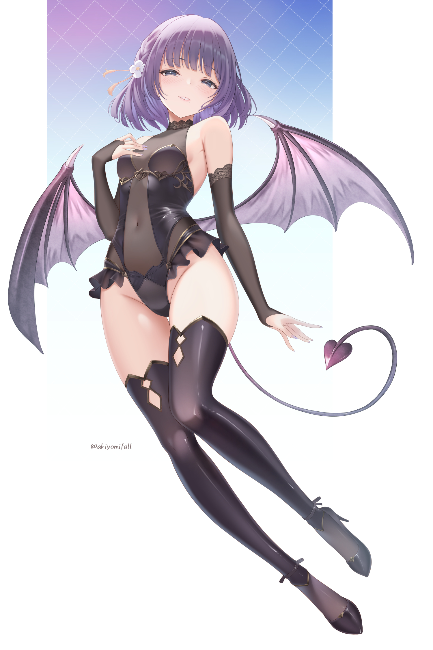 akiyomi, hataya misuzu, gakuen idolmaster, idolmaster, commentary request, highres, 1girl, black leotard, black sleeves, black thighhighs, breasts, bridal gauntlets, covered navel, demon tail, demon wings, detached sleeves, full body, leotard, long hair, purple hair, sideboob, small breasts, solo, tail, thighhighs, twitter username, wings