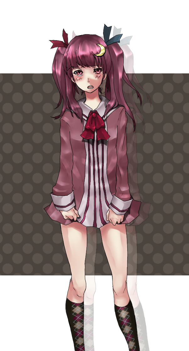 neota, patchouli knowledge, touhou, 1girl, argyle clothes, argyle socks, blush, crescent, crescent hair ornament, female focus, hair ornament, kneehighs, socks, solo, twintails