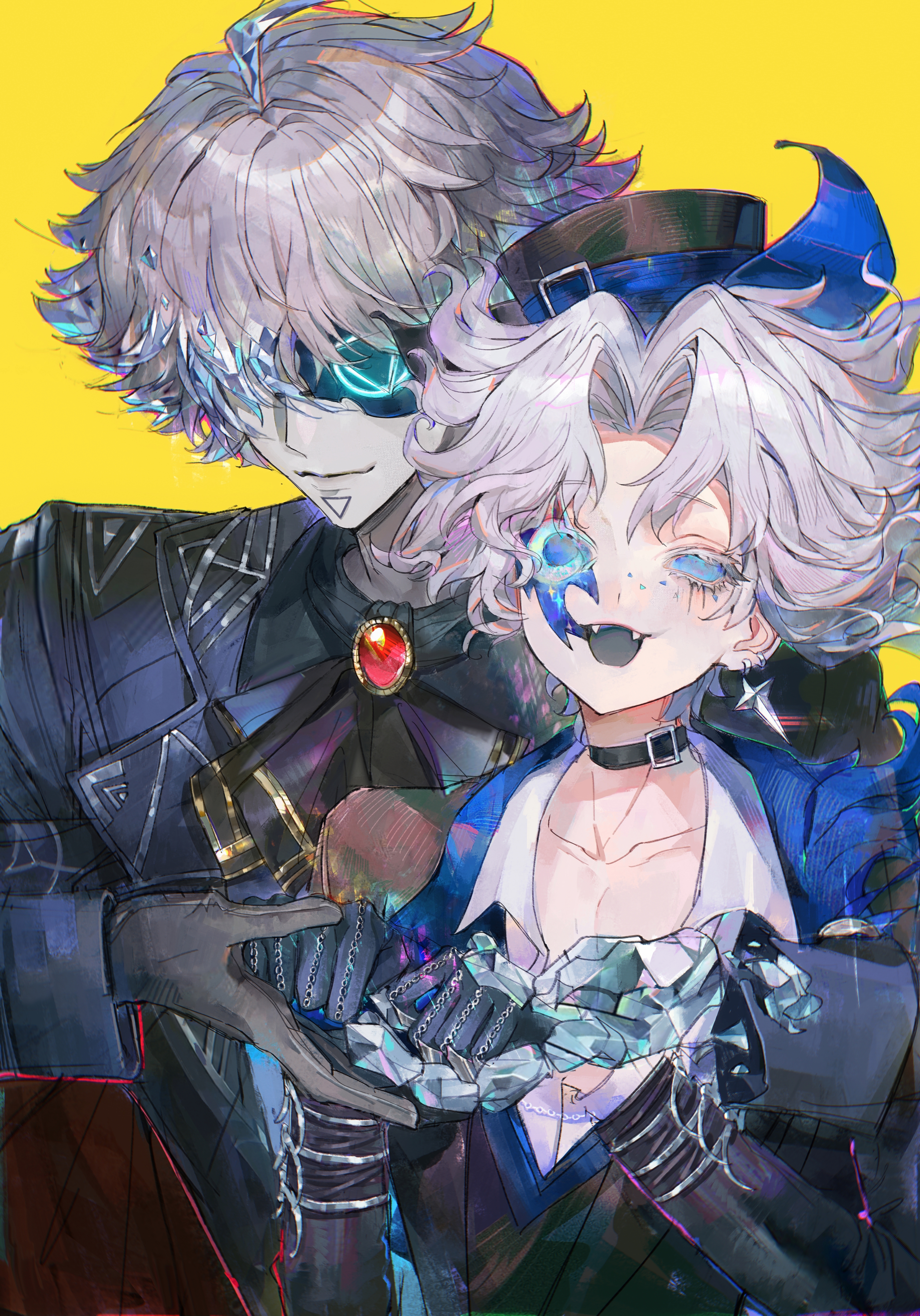 hullabaloo (hidden in the night) (identity v), identity v, absurdres, highres, 2boys, :d, ascot, belt collar, black ascot, black gloves, black jacket, blue jacket, blue sclera, collar, colored eyelashes, colored sclera, colored skin, crystal hair, earrings, fangs, fool's gold (identity v), fool's gold (stibnite) (identity v), freckles, gem, gloves, grey skin, grey tongue, hair intakes, hair over eyes, hat, holding hands, hullabaloo (identity v), jacket, jewelry, male focus, multiple boys, open mouth, pectoral cleavage, pectorals, red gemstone, shirt, smile, solid eyes, top hat, wavy hair, white eyelashes, white hair, white shirt, xiaomianduoshao