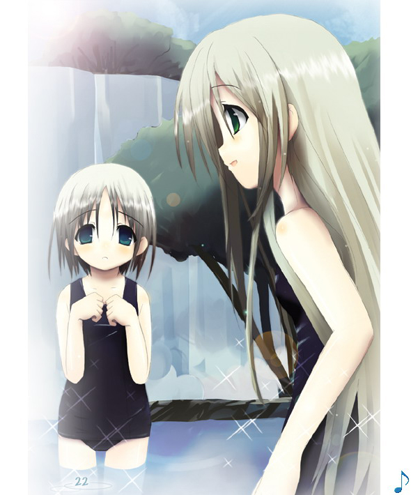 shiro (octet), falsita fawcett, liselsia cesarini, symphonic rain, silver hair, 2girls, blush, day, flat chest, green eyes, long hair, multiple girls, one-piece swimsuit, short hair, sky, swimsuit, water