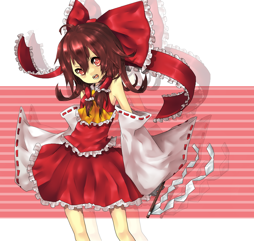 neota, hakurei reimu, touhou, 1girl, brown hair, detached sleeves, female focus, gohei, japanese clothes, miko, solo