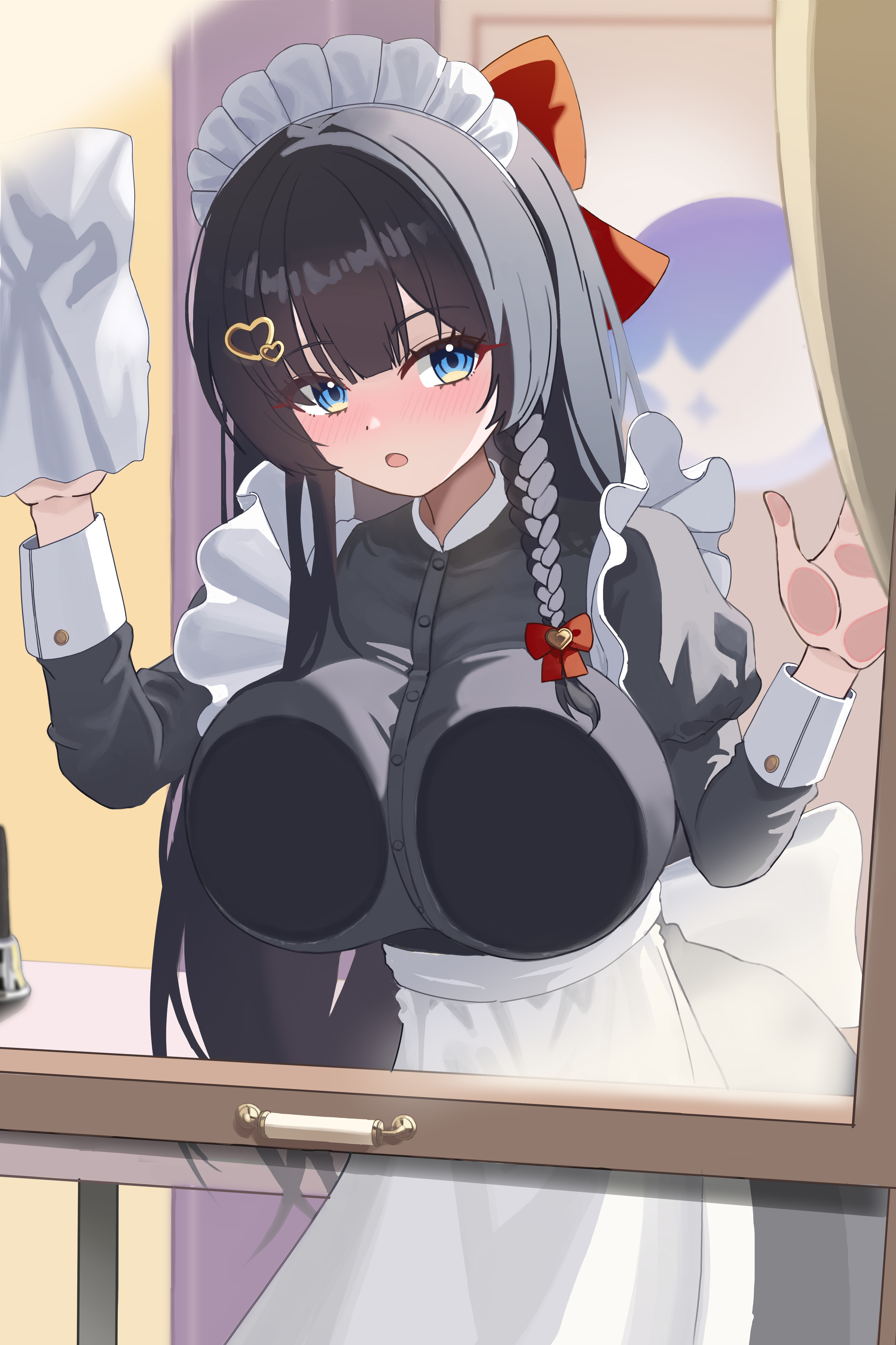 shirayuki hina, stellive, absurdres, commentary, commentary request, english commentary, highres, korean commentary, mixed-language commentary, 1girl, :o, against glass, apron, black dress, black hair, blue eyes, blunt ends, bow, braid, breast press, breasts, breasts on glass, cleaning, cleaning windows, dress, feet out of frame, frilled dress, frills, hair bow, hair ornament, hands up, heart, heart hair ornament, huge breasts, indoors, kkaennip kr, light blush, long hair, long sleeves, looking at viewer, maid, maid headdress, open mouth, red bow, side braid, solo, standing, straight hair, very long hair, virtual youtuber, waist apron, white apron, window