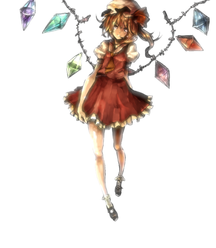 neota, flandre scarlet, touhou, 1girl, black shoes, blouse, collared shirt, female focus, full body, hair between eyes, hat, head tilt, mob cap, shirt, shoes, simple background, socks, solo, standing, tears, white background, white hat, white shirt, white socks, wings