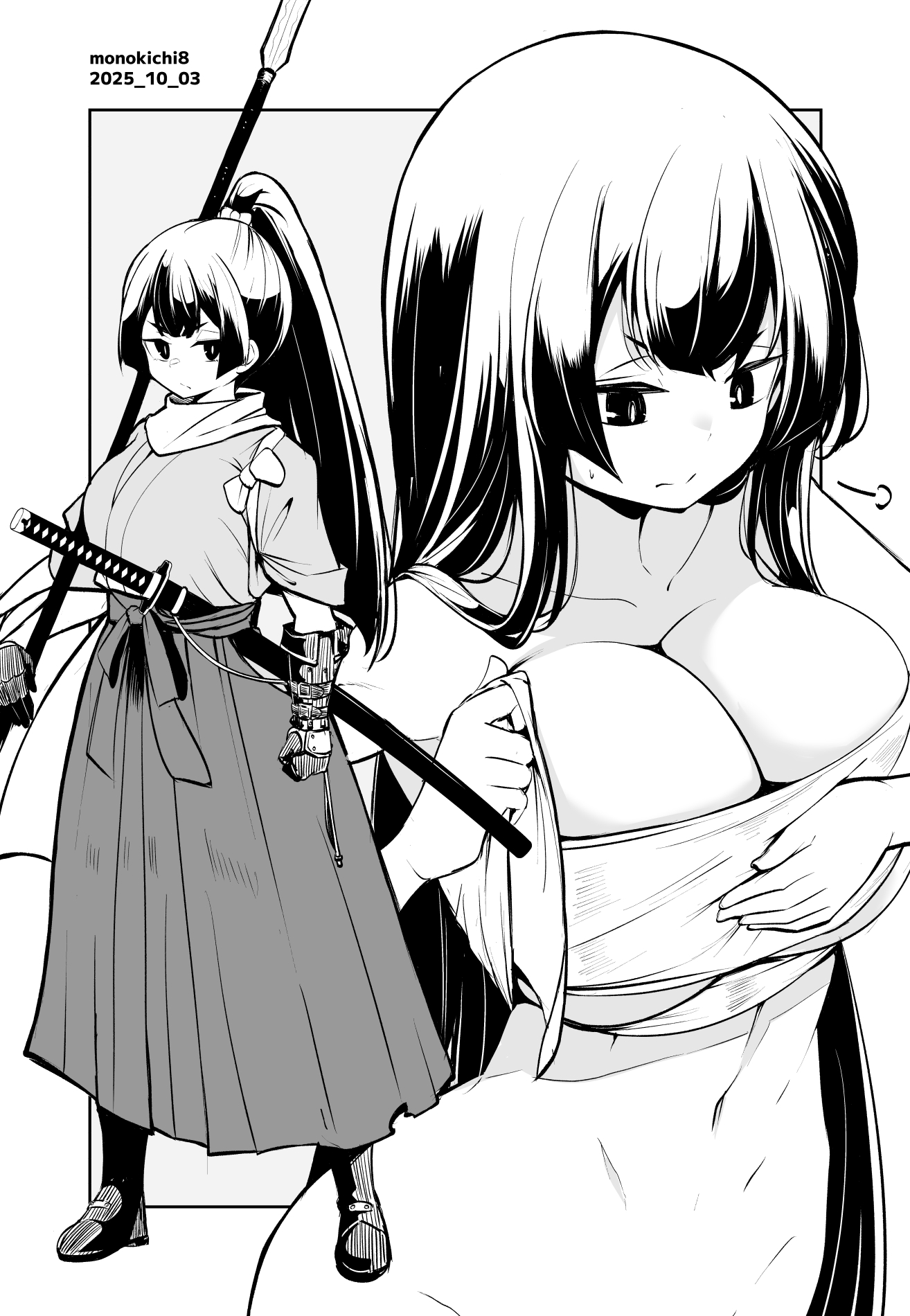 kichihachi, original, commentary request, highres, 1girl, artist name, breasts, chest sarashi, cleavage, collarbone, dated, greyscale, groin, japanese clothes, katana, long hair, looking at viewer, monochrome, multiple views, navel, out-of-frame censoring, ponytail, sarashi, standing, sword, weapon