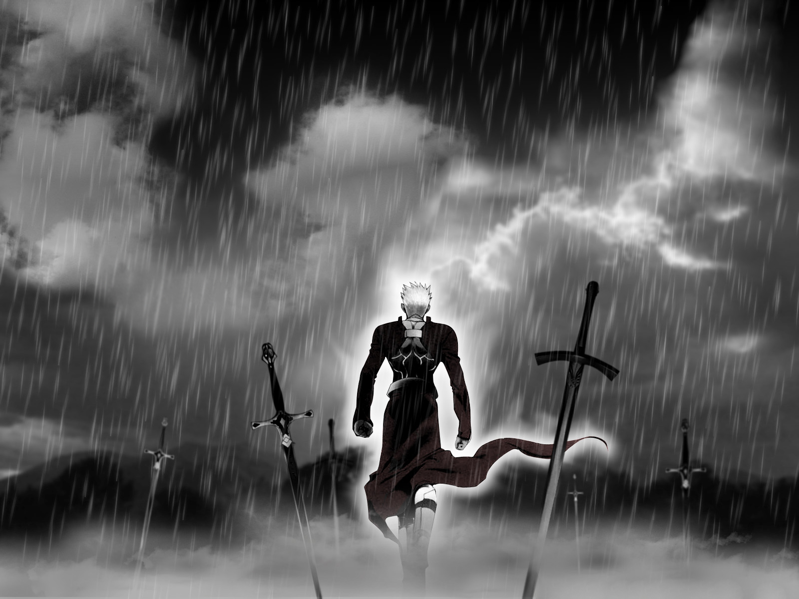 archer (fate), fate/stay night, fate (series), highres, 00s, 1boy, greyscale, male focus, monochrome, rain, solo, sword, unlimited blade works (reality marble), weapon, white hair