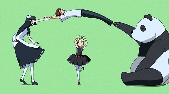 francisca (kaibutsu oujo), hiyorimi hiro, ryu-ryu, sherwood, kaibutsu oujo, animated, animated gif, anime screenshot, 00s, 1boy, 2girls, black hair, blonde hair, bun cover, child, double bun, dress, hair bun, jump rope, maid, multiple girls, panda, pantyhose, ponytail, short hair, skipping, white pantyhose