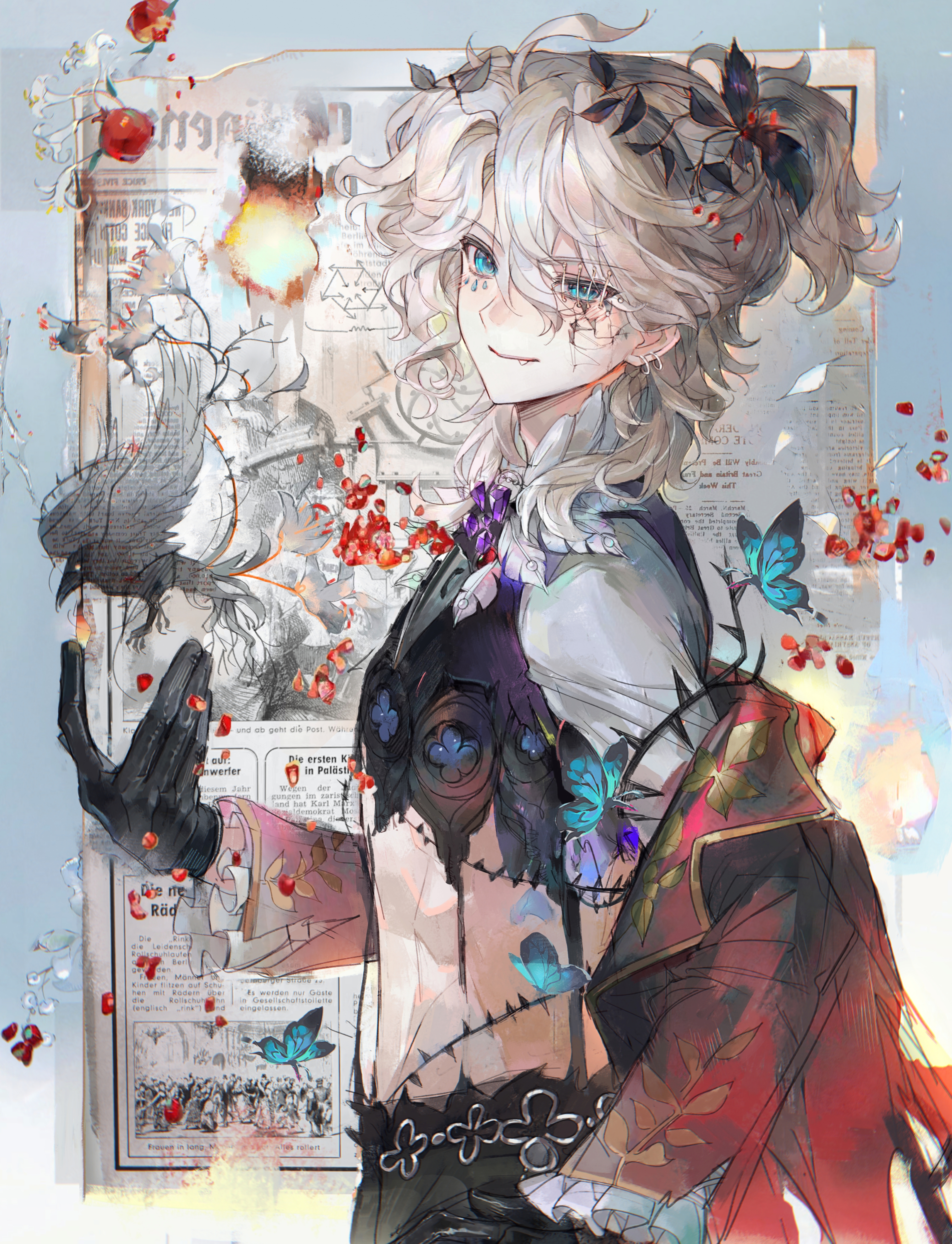 luca balsa, luca balsa (fugue for dawn), identity v, absurdres, highres, 1boy, ahoge, bird, black gloves, blonde hair, bug, butterfly, cracked face, crow, fang, food, frilled sleeves, frills, fruit, gloves, half-closed eye, half updo, high collar, insect, jacket, looking at viewer, male focus, pomegranate, ponytail, red jacket, shirt, smile, solid eyes, stitched eye, wavy hair, white shirt, xiaomianduoshao
