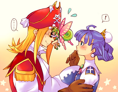 tsuyuka (sunny spot), eclair (la pucelle), homard, mamelon, la pucelle, nippon ichi, lowres, !, 1boy, 2girls, fairy, long hair, mini person, minigirl, multiple girls, pirate, princess, profile, purple hair, size difference, skull and crossbones