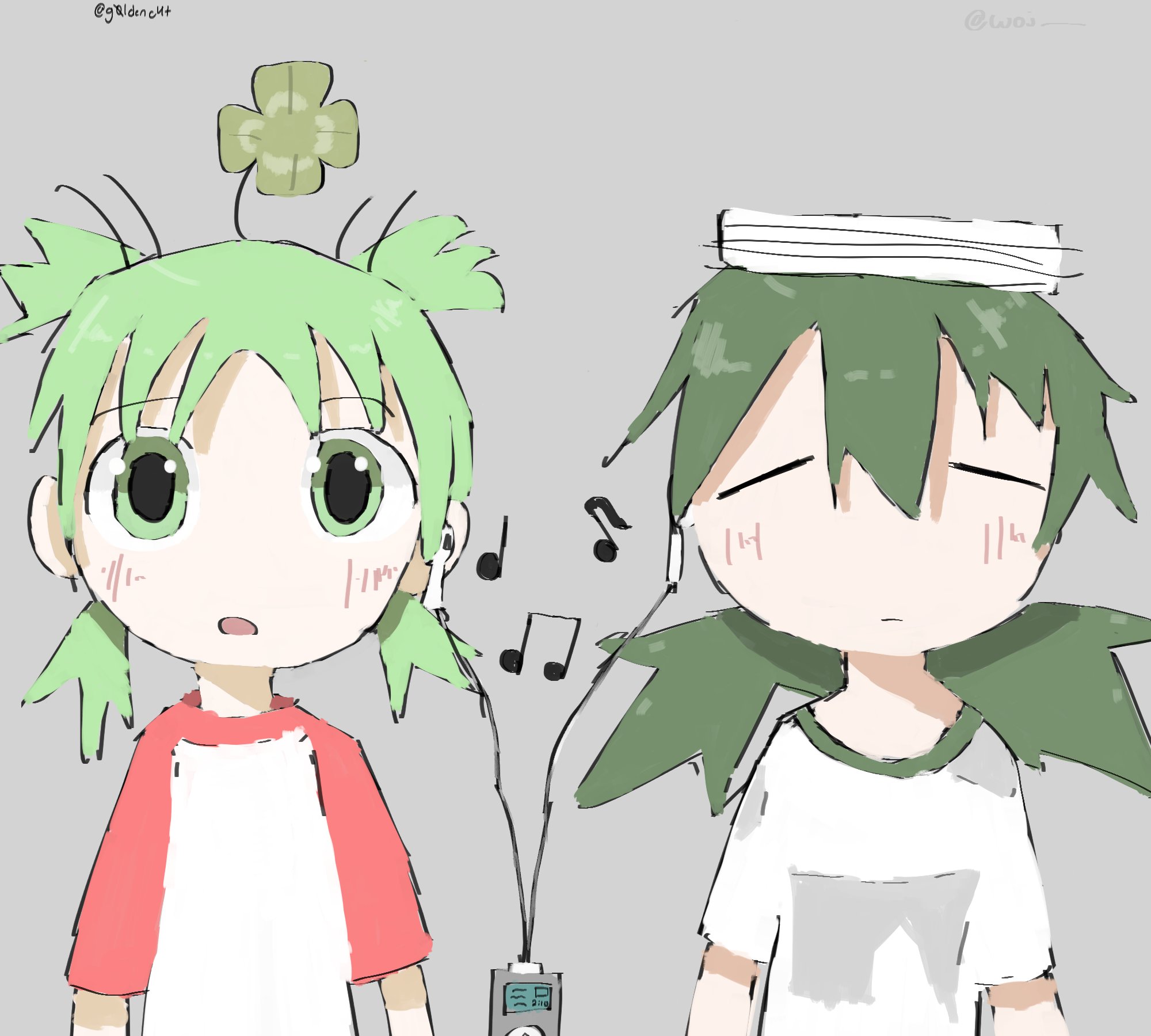 koiwai yotsuba, sumida (shimeji simulation), shimeji simulation, yotsubato!, highres, 2girls, :o, = =, clover hair ornament, earbuds, earphones, four-leaf clover hair ornament, g0ldenc4t, green eyes, green hair, grey background, hair ornament, listening to music, low twintails, multiple girls, musical note, plant on head, sharing, shirt, simple background, t-shirt, twintails