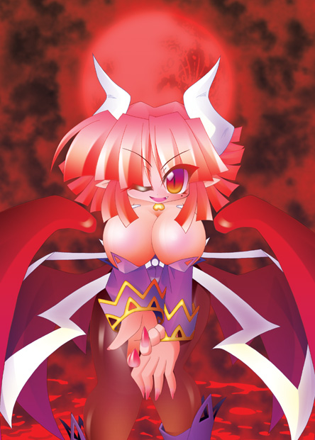 maou prier, prier, disgaea, la pucelle, makai senki disgaea, makai senki disgaea 2, makai senki disgaea 3, nippon ichi, 00s, 1girl, blush, breasts, demon girl, female focus, horns, pantyhose, pointy ears, red eyes, red hair, short hair, smile, solo, tail, wings
